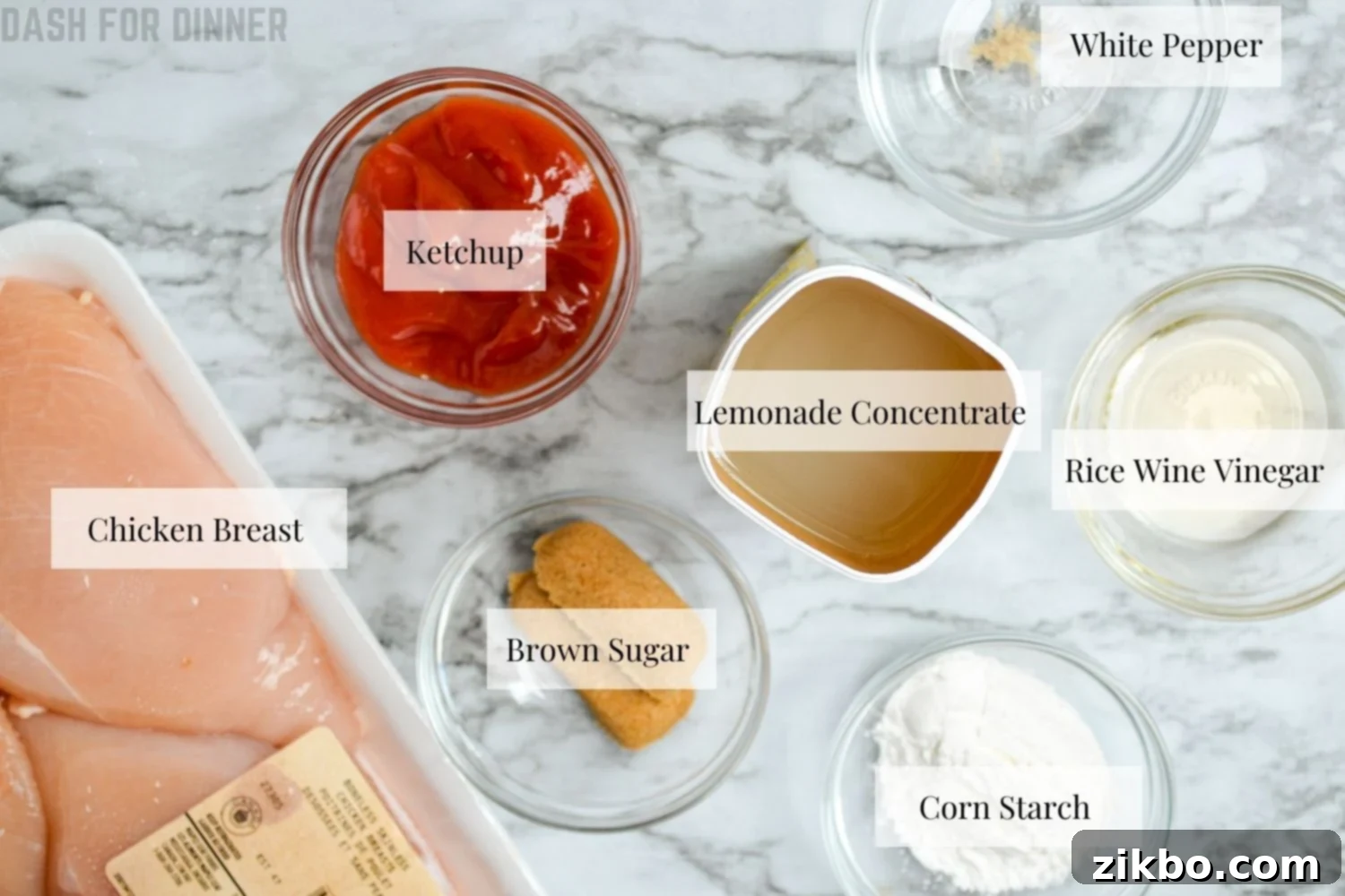 The ingredients needed to make slow cooker lemonade chicken.