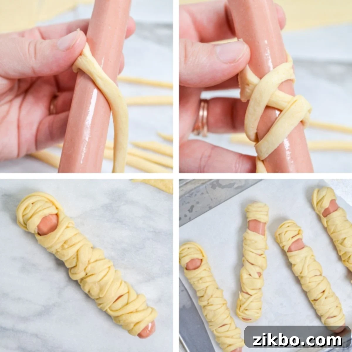 How to wrap crescent rolls around a hot dog to create a mummy pattern.