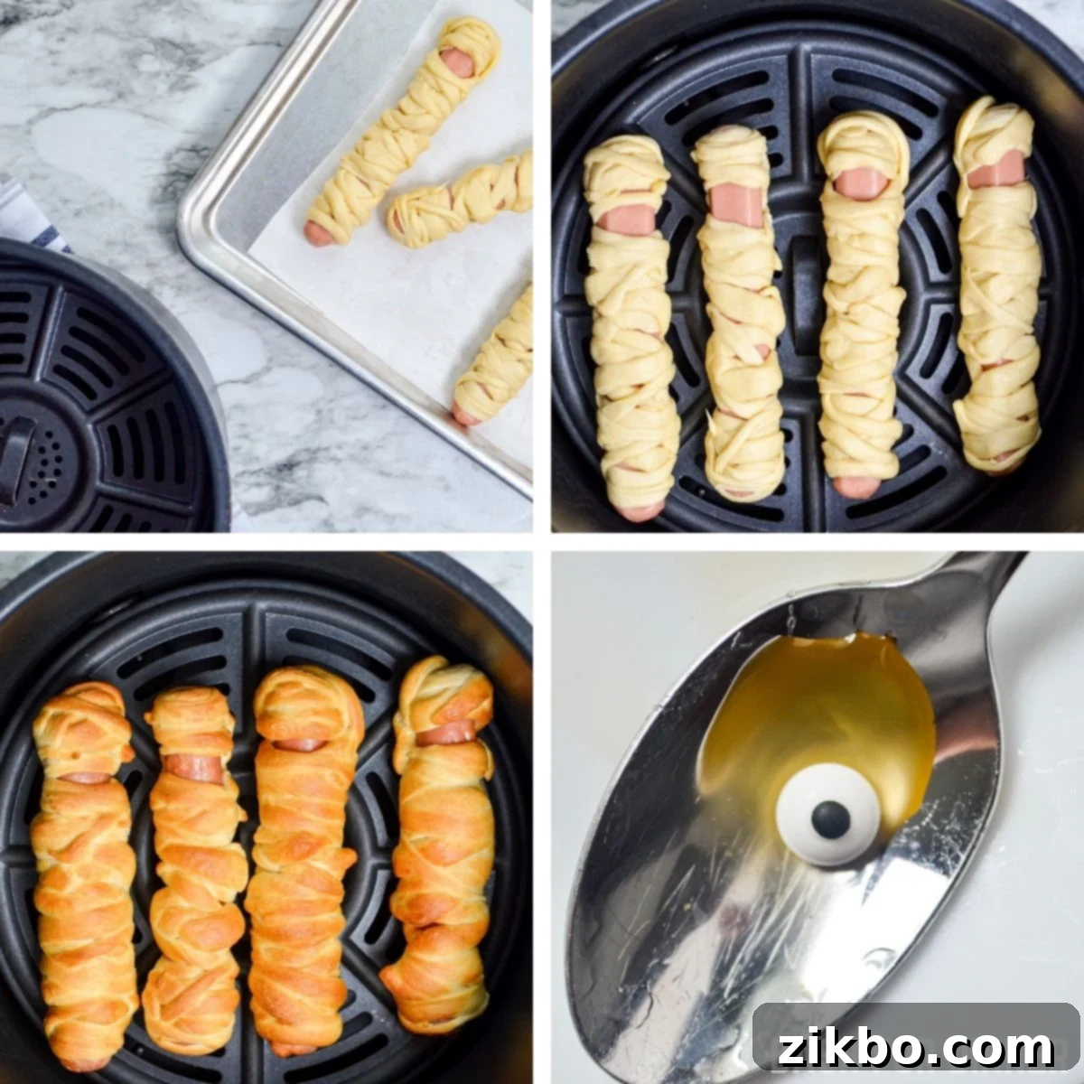 How to make Mummy dogs in the Air Fryer, showing the wrapped hot dogs in the air fryer basket.