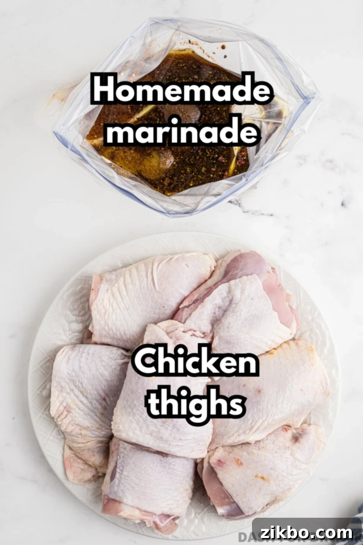 A freezer bag filled with marinade, alongside a plate of raw chicken thighs, prepared for marination.