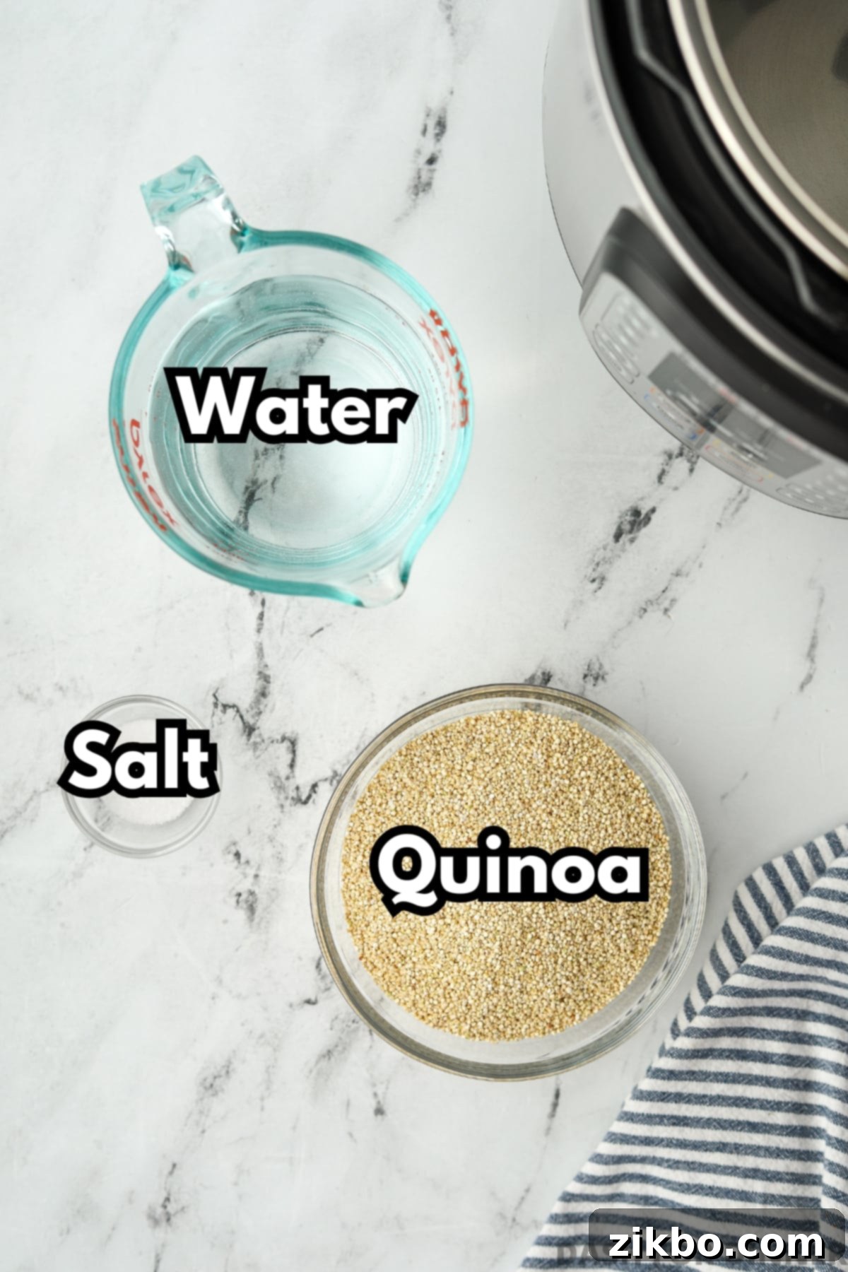 Perfect Fluffy Instant Pot Quinoa 3 A measuring cup with water, then small bowls with quinoa and salt.