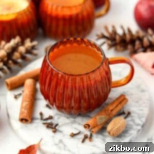 Golden Pumpkin Brew 8 A pumpkin shaped mug filled with homemade cider. Nutmeg, cinnamon sticks, and cloves are on the marble below.