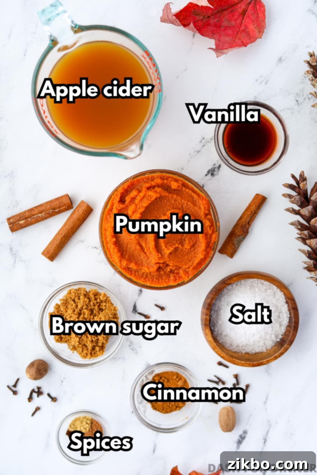 Golden Pumpkin Brew 3 The ingredients needed to make pumpkin cider, including apple cider, brown sugar, pumpkin puree, cinnamon, ginger, nutmeg, cloves, and vanilla extract.