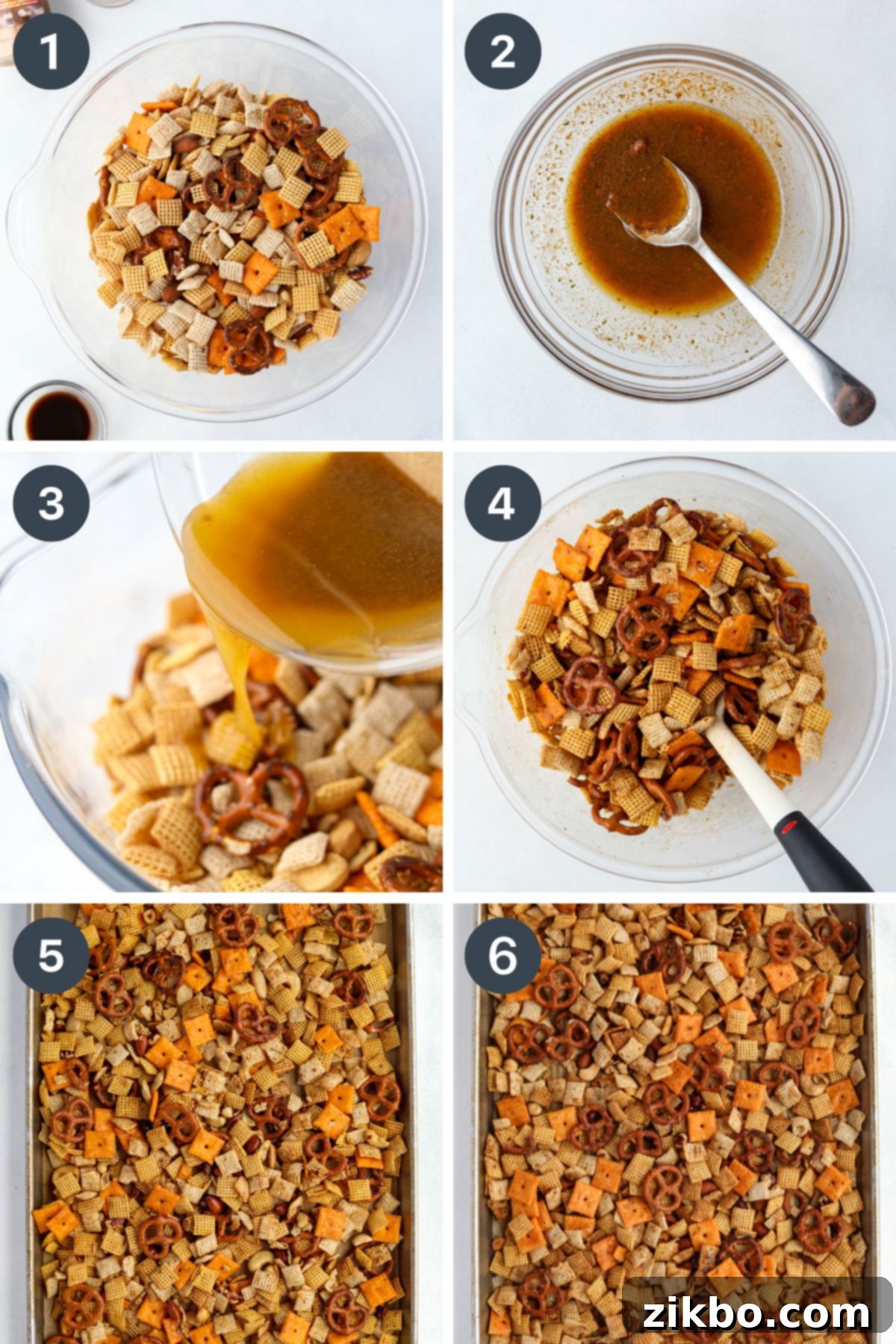 Adding melted butter and seasoning to a bowl of dry cereal and pretzels, then spreading it onto a baking pan to bake.