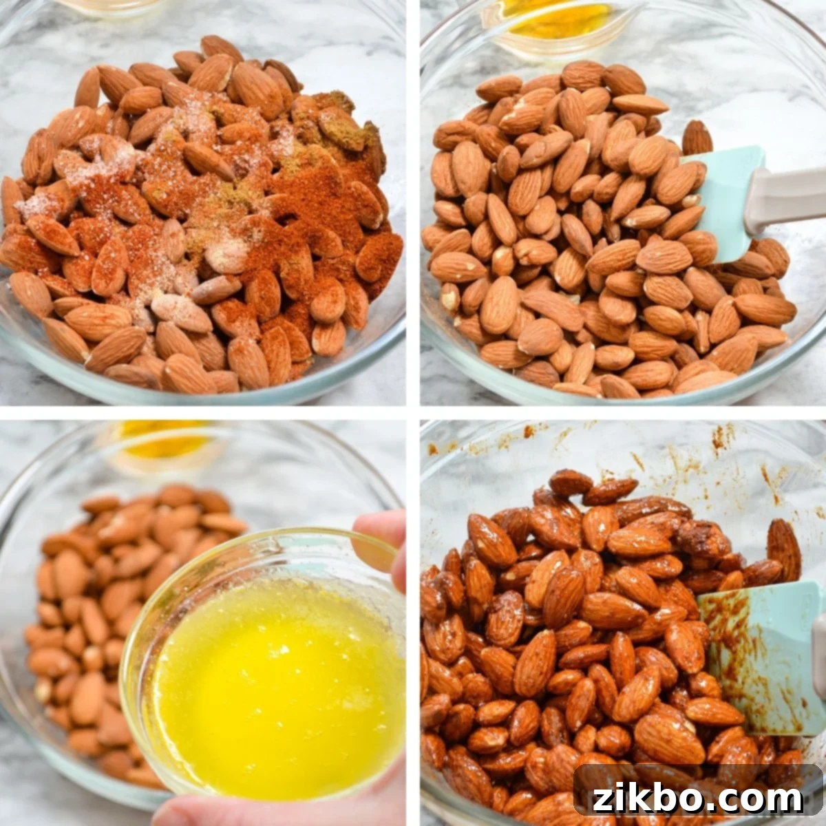 Step-by-step image of seasoned almonds being prepared for the air fryer.