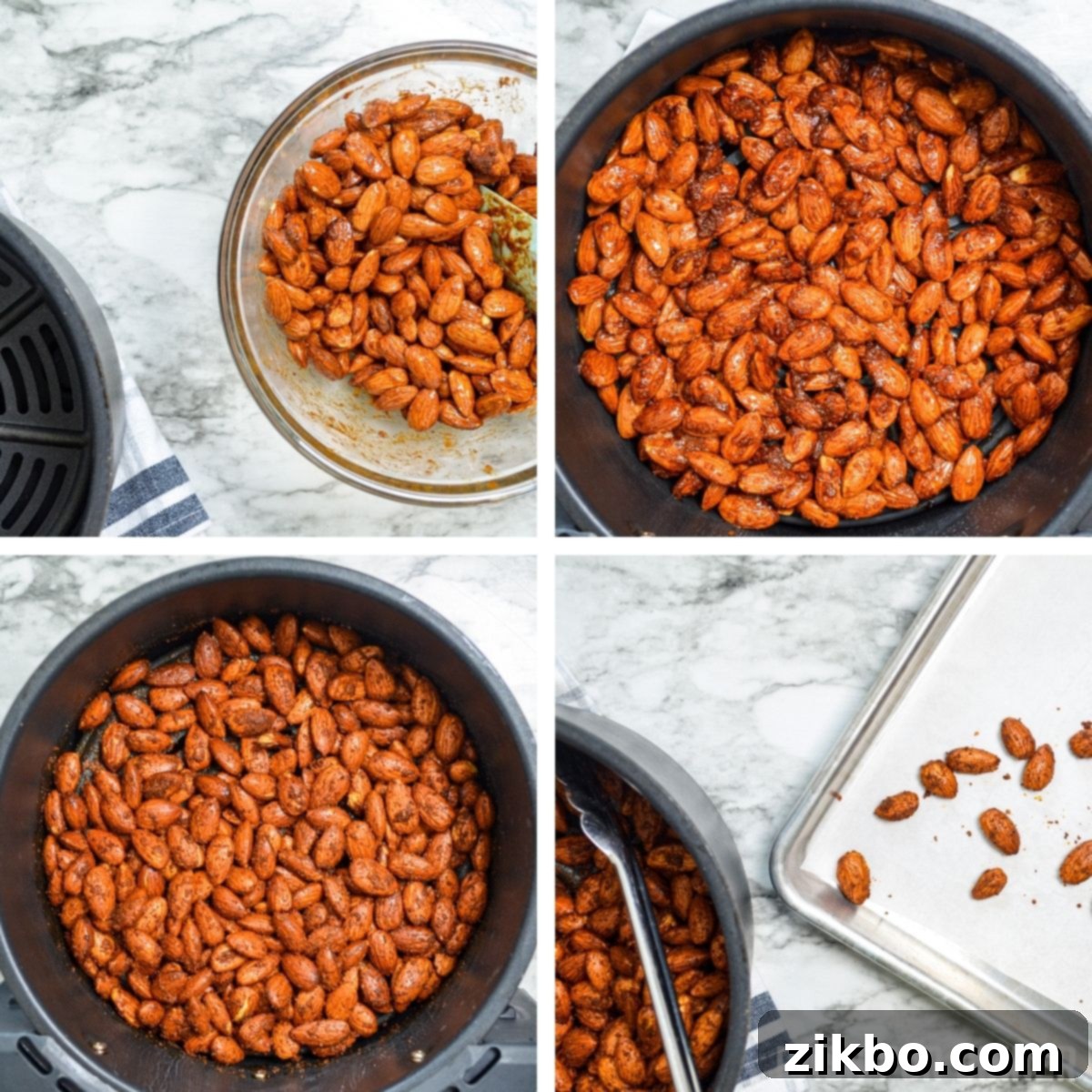 How to make roasted almonds in the air fryer: coated almonds are poured into the air fryer basket.