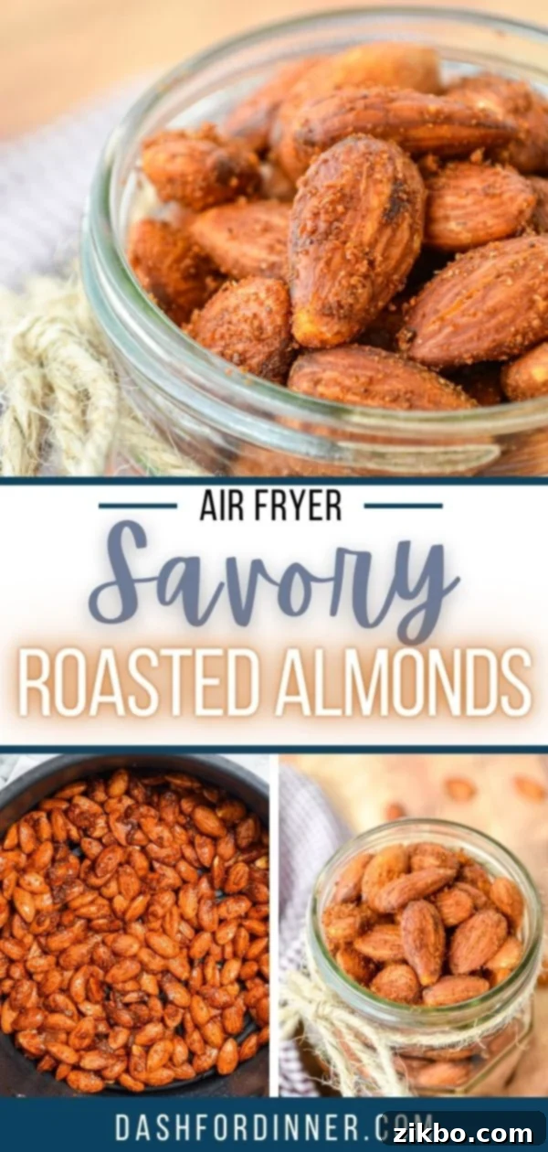 A collage of three images of roasted almonds with text overlay: 'Air Fryer Savory Roasted Almonds'.