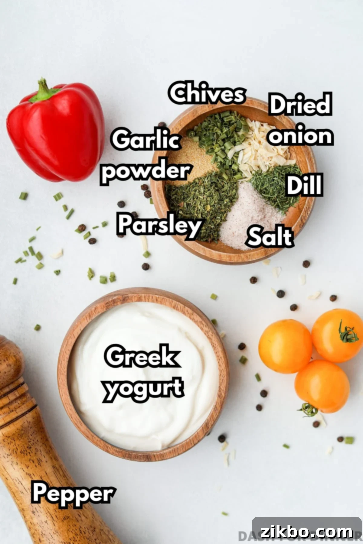 Zesty Greek Ranch Duo 3 Small bowls containing plain Greek yogurt and a custom blend of dried ranch seasonings like chives, dill, and parsley, ready for mixing.