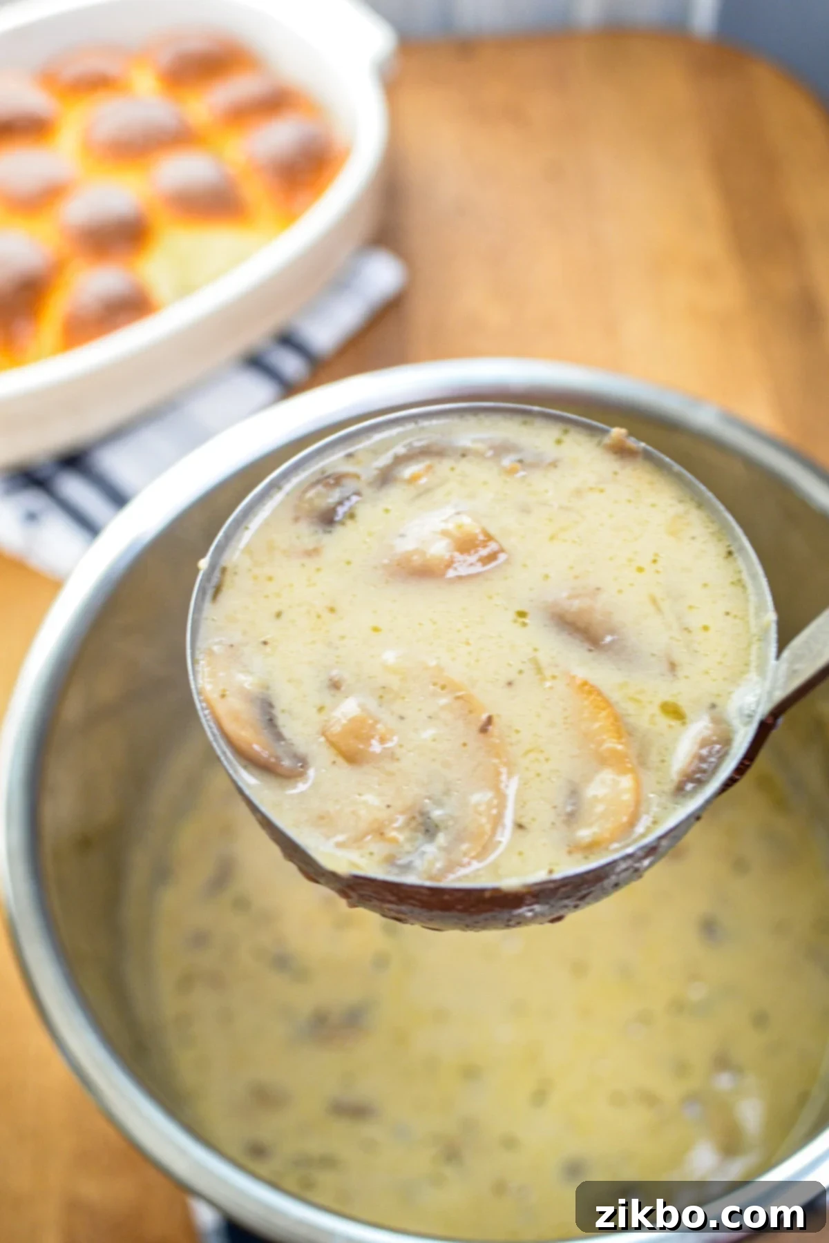 A ladle full of mushroom soup lifting out of an Instant Pot