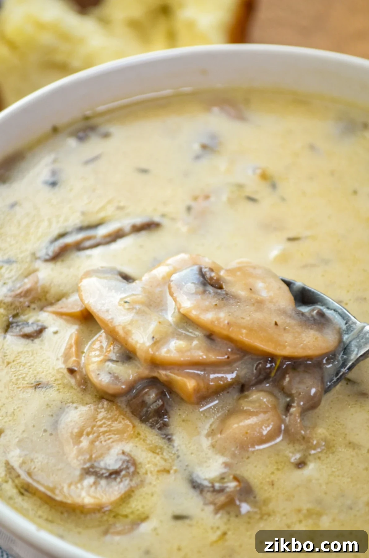 A bowl of cream of mushroom soup with a spoon removing a portion from the bowl.