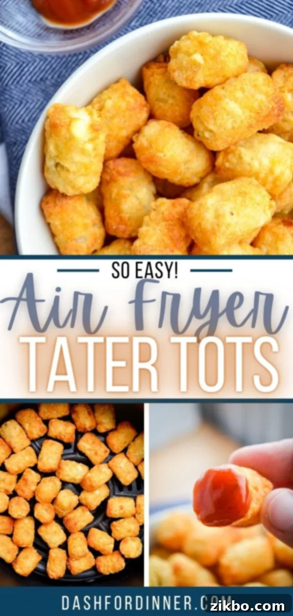 3 frames of tater tots: one as a bowl of cooked tater tots, another of an air fryer with tots in it, and a third with a tater tot dipped in ketchup.
