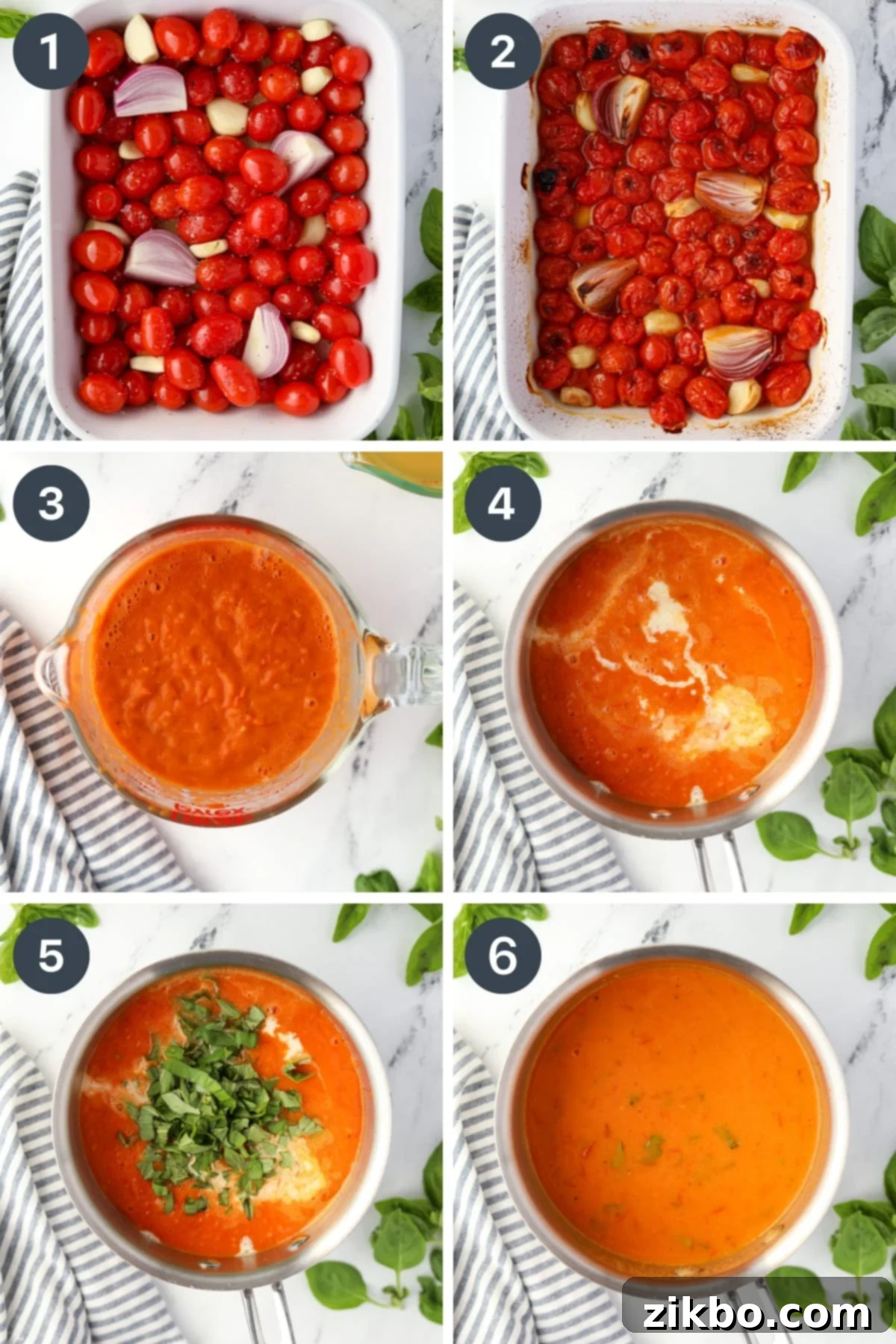 The process of roasting cherry tomatoes, then blending into a puree and finishing with broth, heavy cream, and basil.