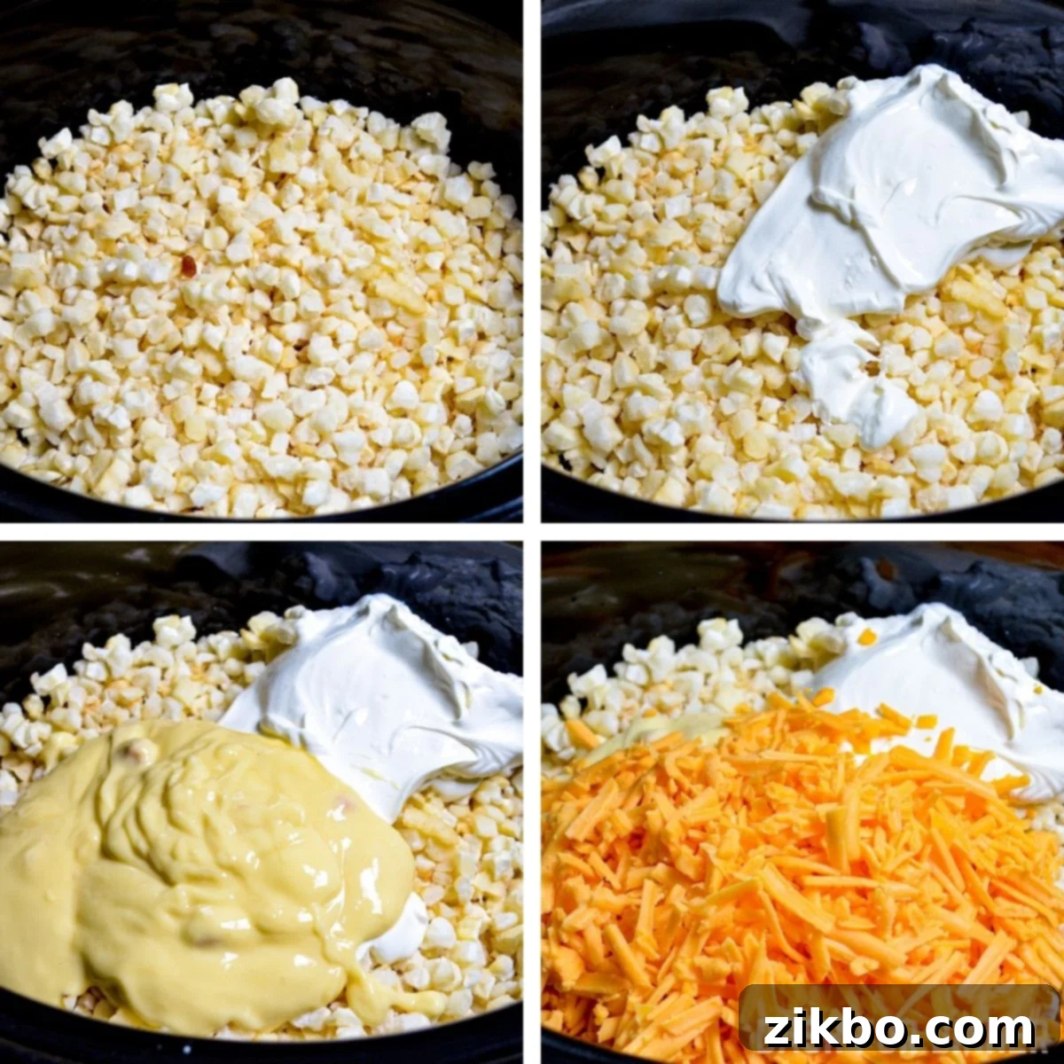 Slow Cooker Golden Cheesy Hash Brown Casserole 5 Adding sour cream, condensed cream of chicken soup, and shredded cheddar cheese directly into a slow cooker filled with frozen cubed hashbrowns.
