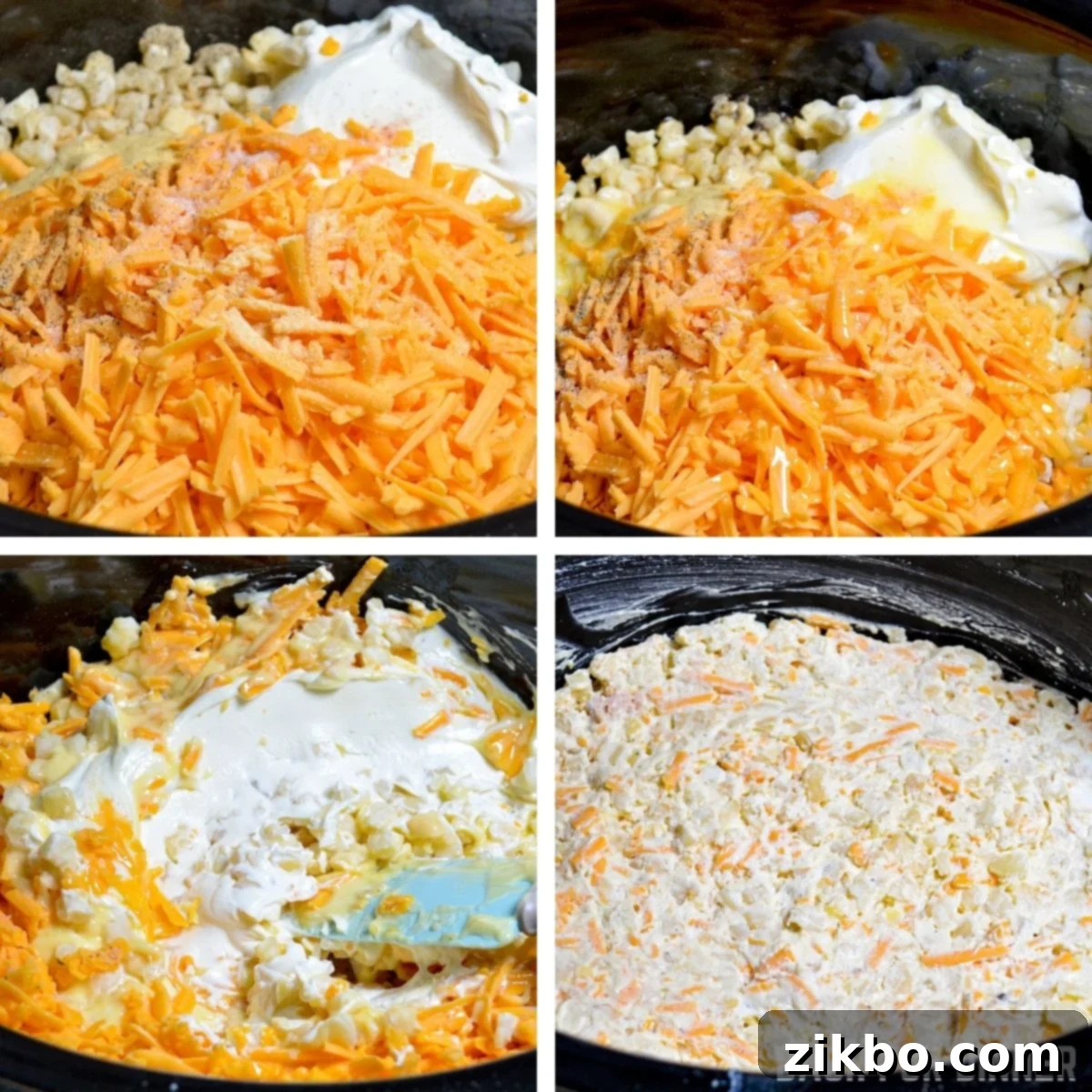 Slow Cooker Golden Cheesy Hash Brown Casserole 6 Stirring a creamy blend of cheese, sour cream, and condensed soup into frozen hash browns within a crock pot until all ingredients are uniformly combined.