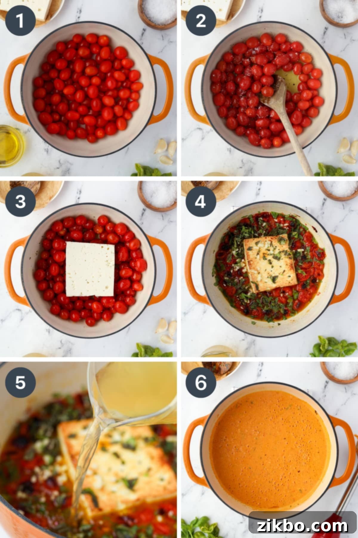 Roasting tomatoes and feta in a dutch oven, then adding broth and blending it into a soup.