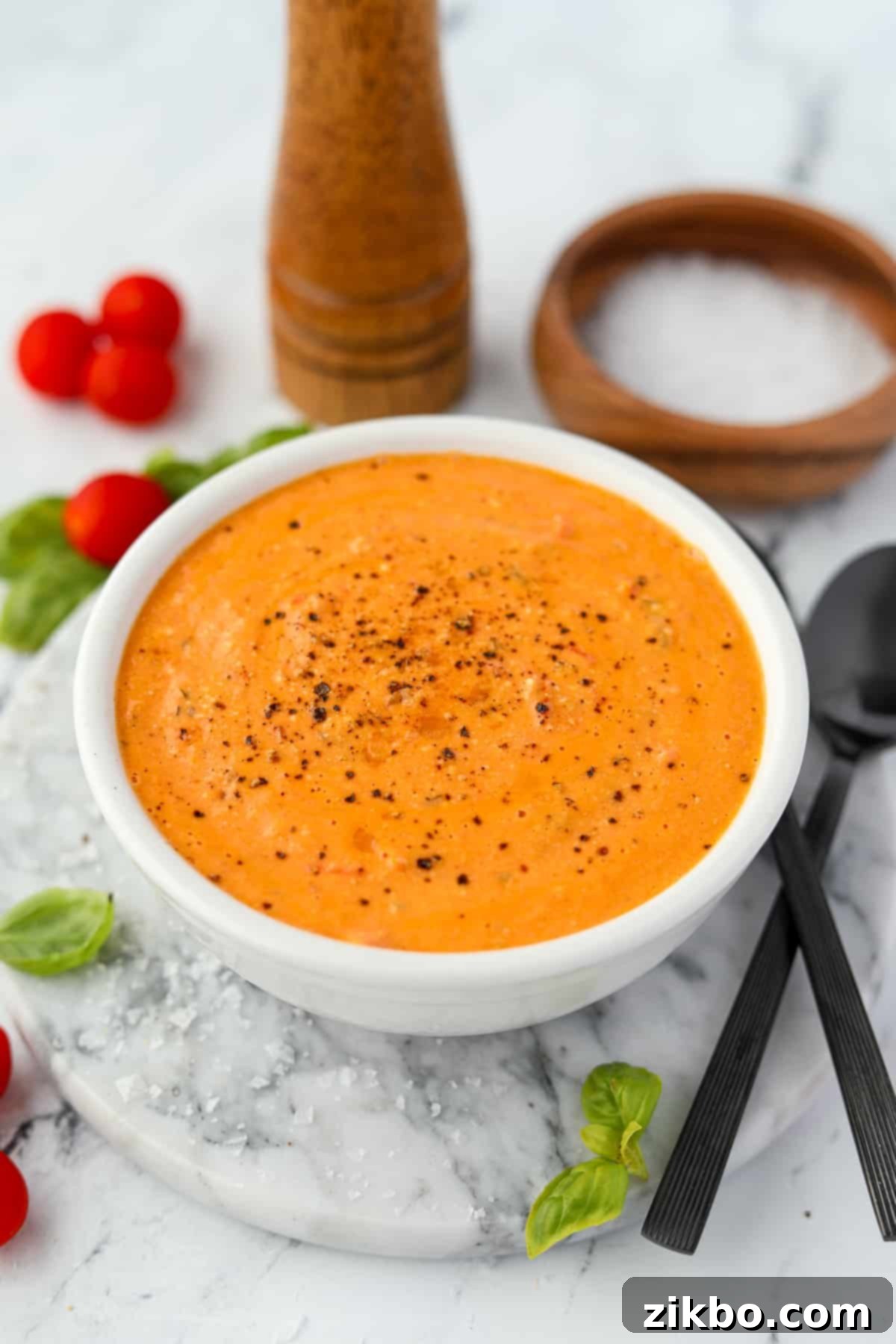 A bowl of creamy tomato soup on a marble round.