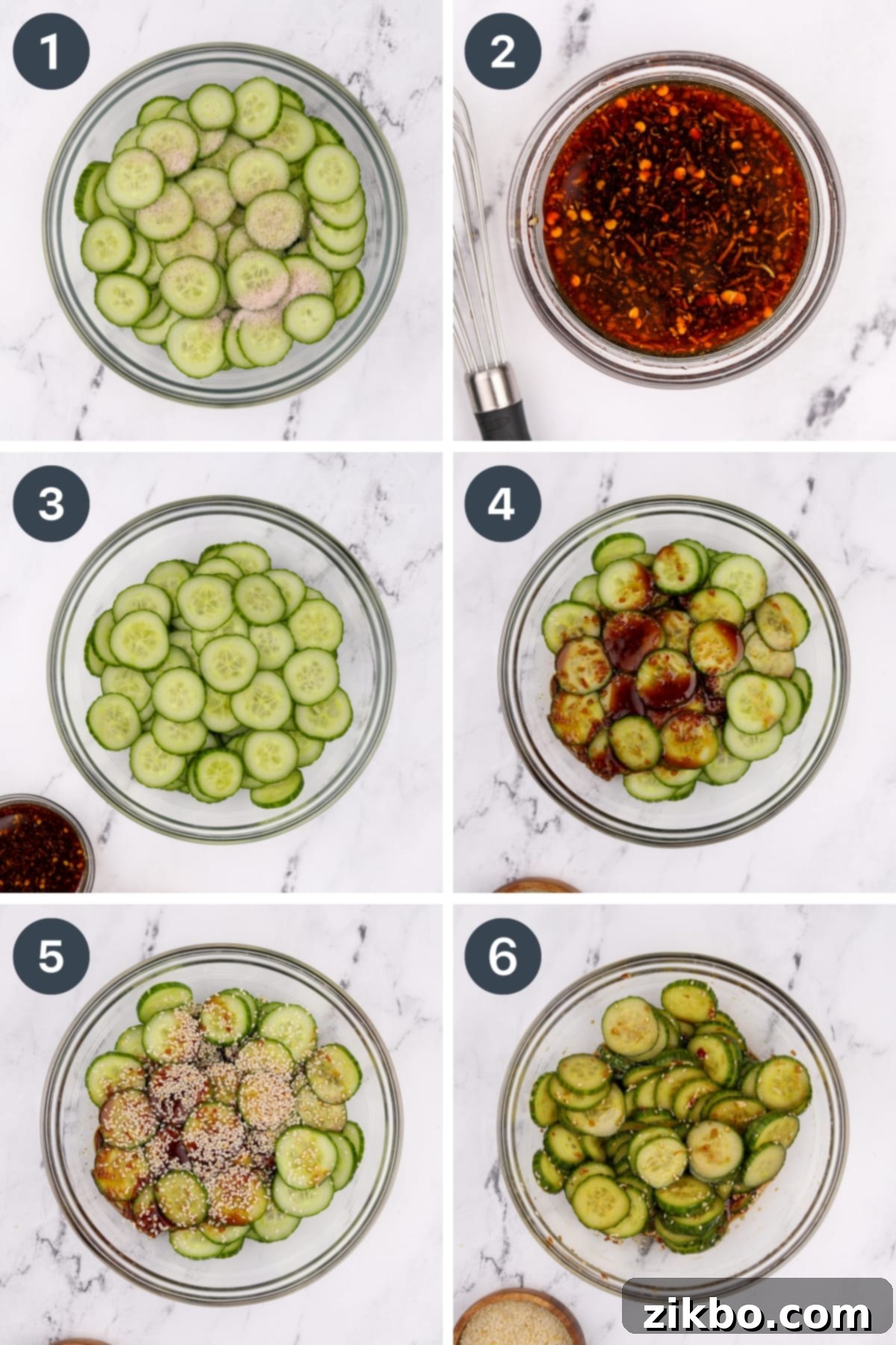 Fiery Fresh Cucumber Crunch 4 A series of images demonstrating the process of making Asian cucumber salad: adding a spicy dressing to sliced cucumbers, stirring the mixture, and finally garnishing with sesame seeds.