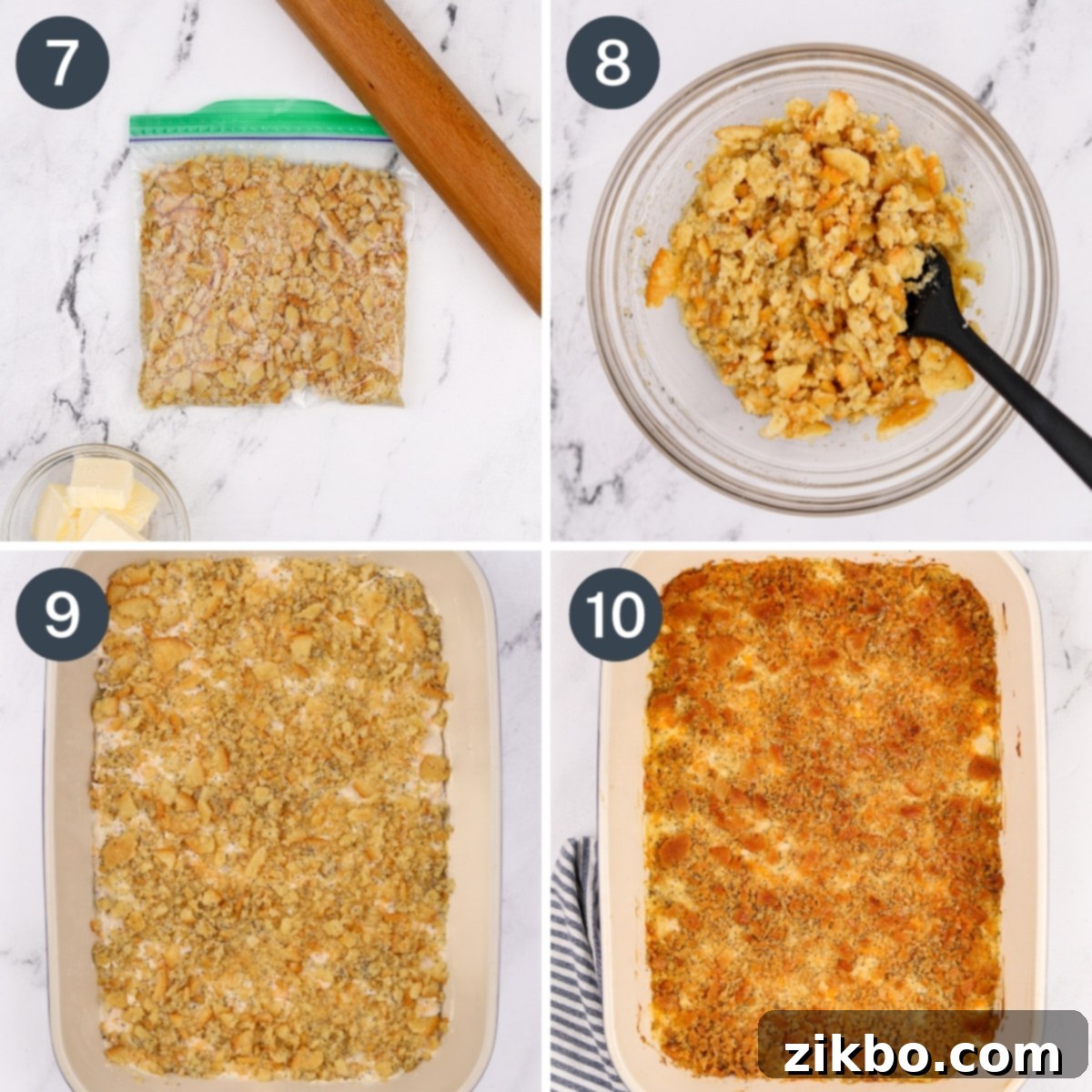 Crushing crackers with a rolling pin, then stirring in butter and adding it to a casserole dish.