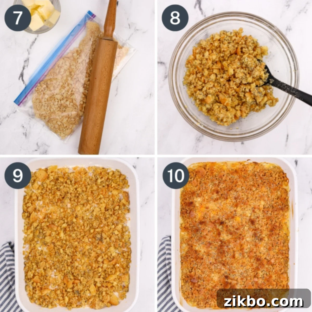 A series of images showing how to prepare the cracker topping: first, gluten-free crackers are crushed in a resealable plastic bag. Then, the crushed crackers are mixed with melted butter and poppy seeds in a bowl. Finally, the buttery cracker mixture is evenly sprinkled over the chicken casserole in a baking dish before baking.