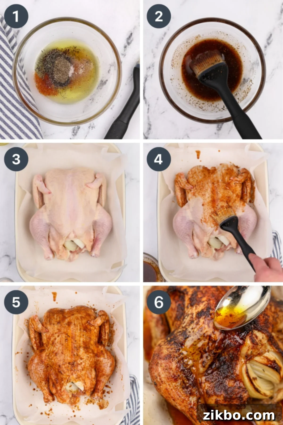 A visual sequence demonstrating the steps of roasting a whole chicken: mixing oil and spices, brushing the mixture onto the raw chicken, and the golden-brown roasted chicken in a pan.