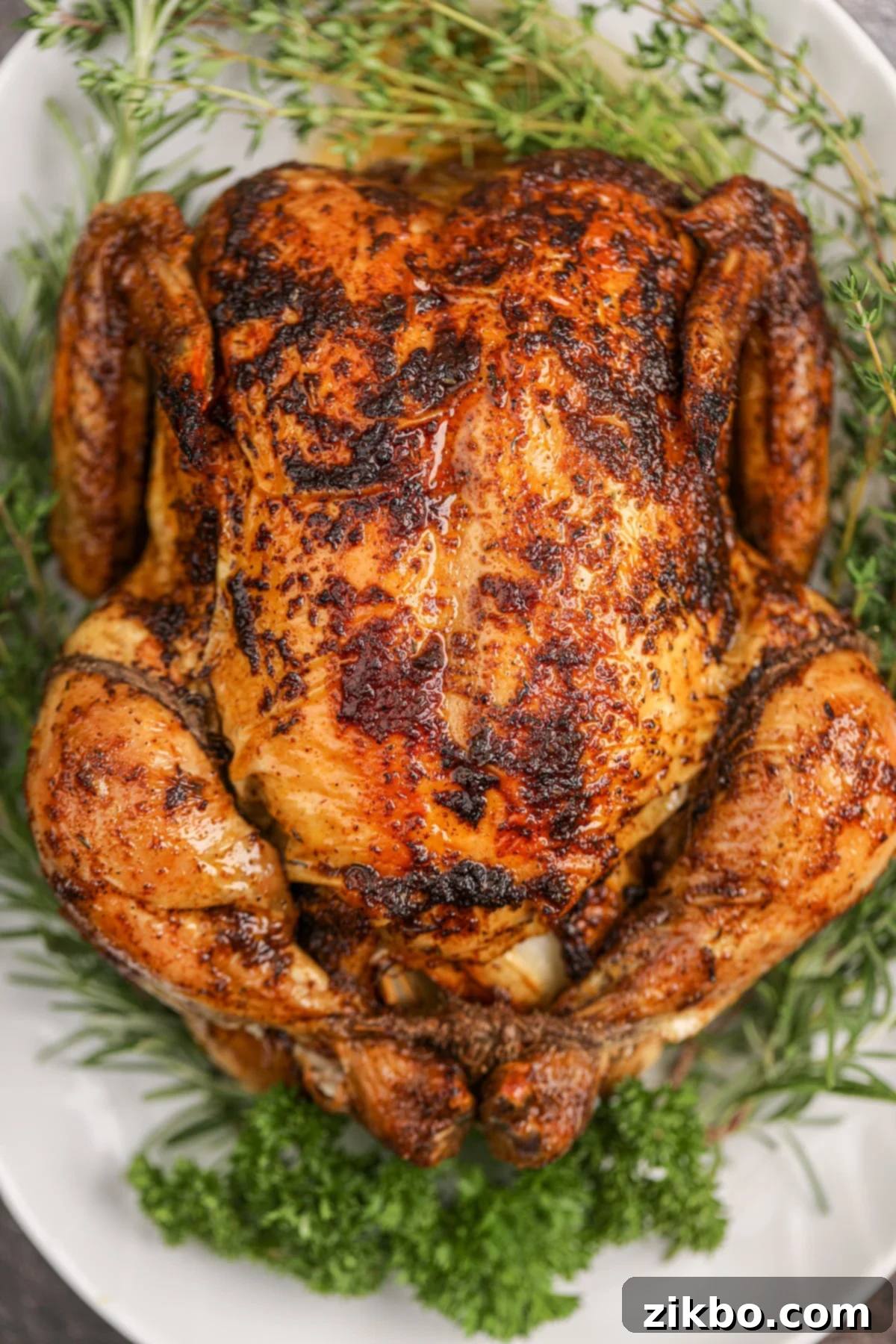 A whole roasted chicken, golden brown and perfectly cooked, presented on a white platter and garnished with fresh herbs, ready for serving.