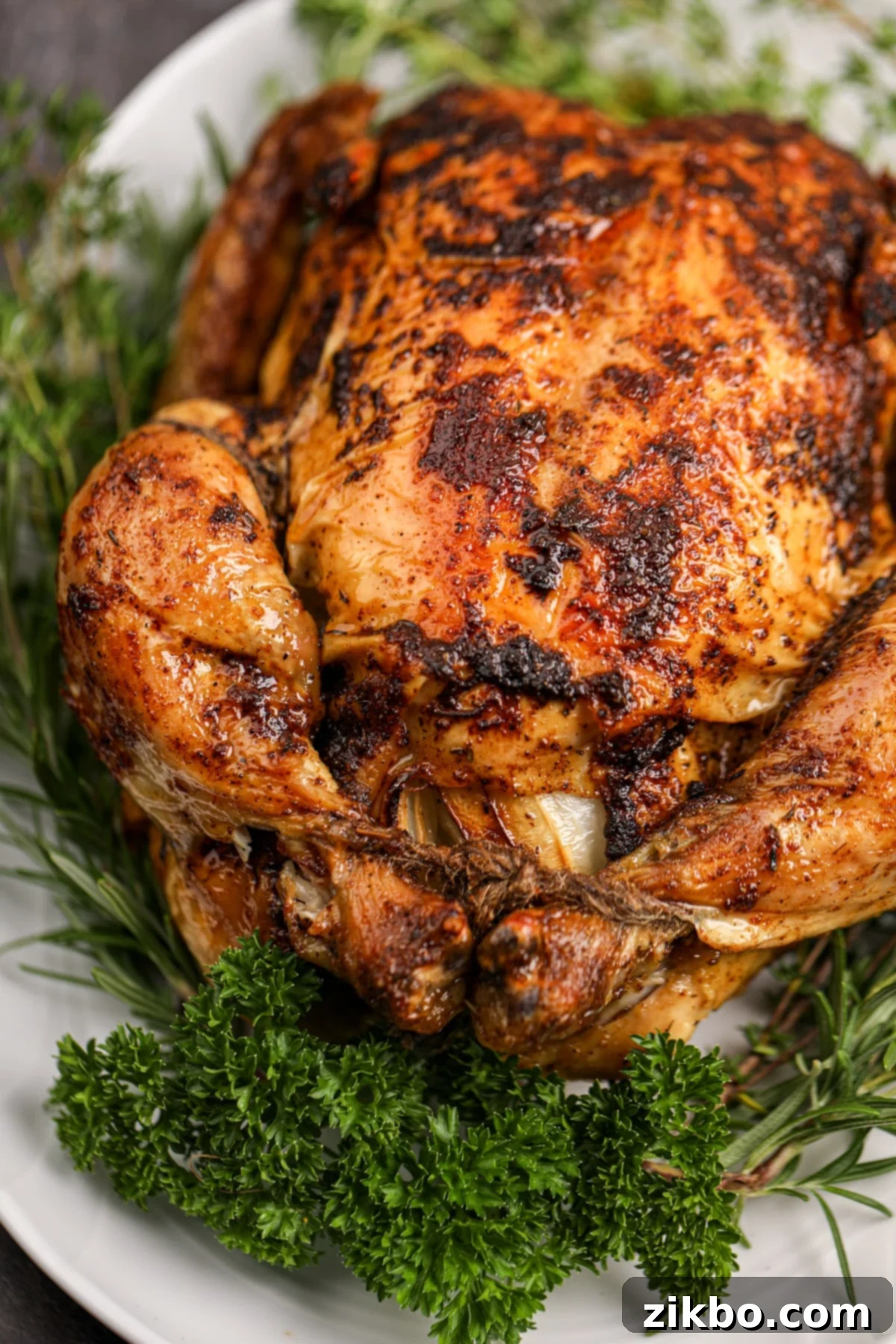 A beautifully roasted whole chicken, golden and crispy, garnished with fresh herbs and lemon wedges, presented elegantly on a platter.
