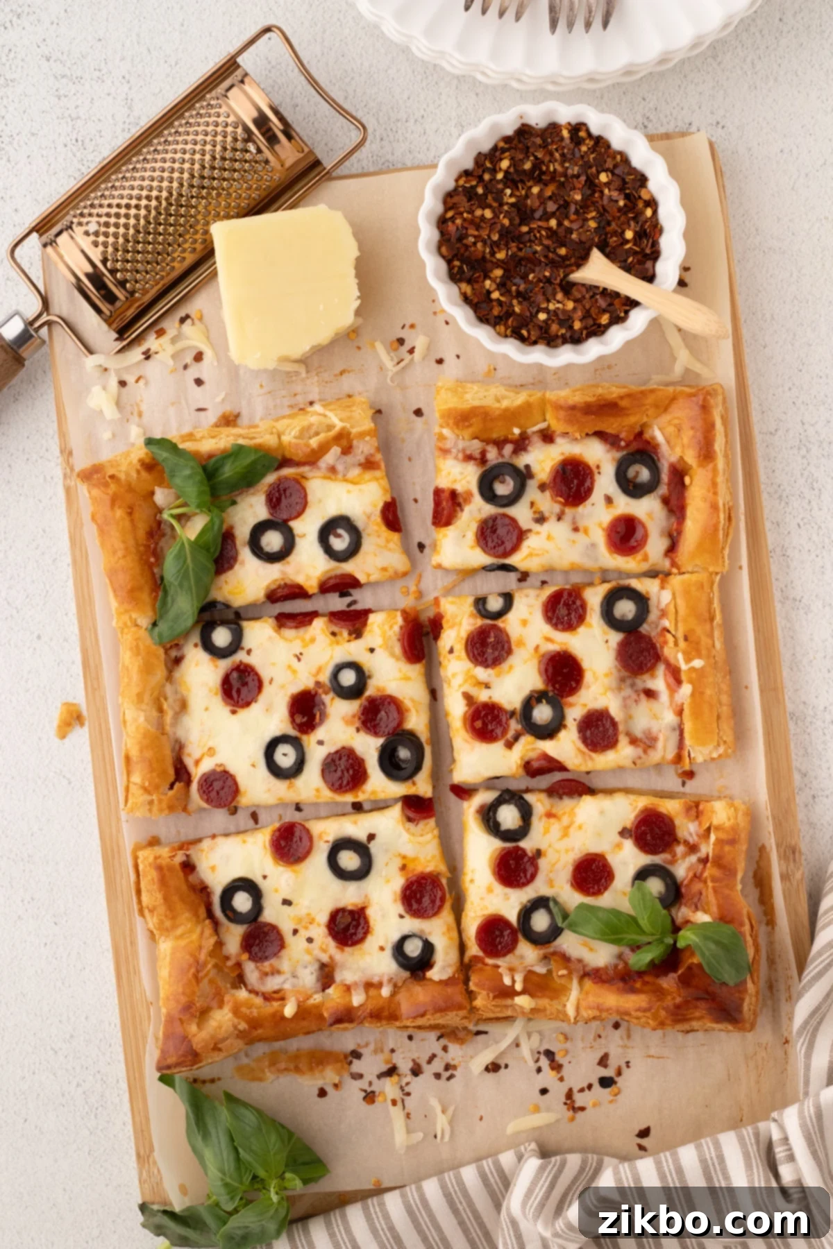 Golden Flaky Pizza Perfection 2 Rectangular slices of pizza on a cutting board, showcasing a crispy, golden crust and melted cheese.