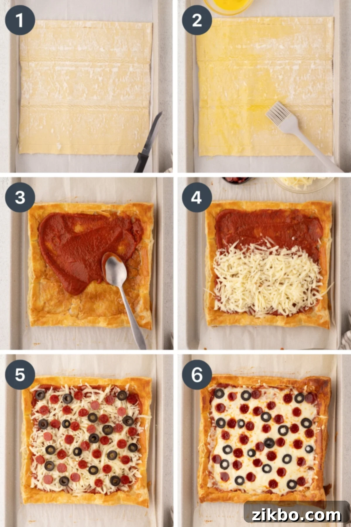 Golden Flaky Pizza Perfection 4 Step-by-step preparation of puff pastry pizza: brushing the pastry with egg wash, then applying pizza sauce, cheese, and various toppings.