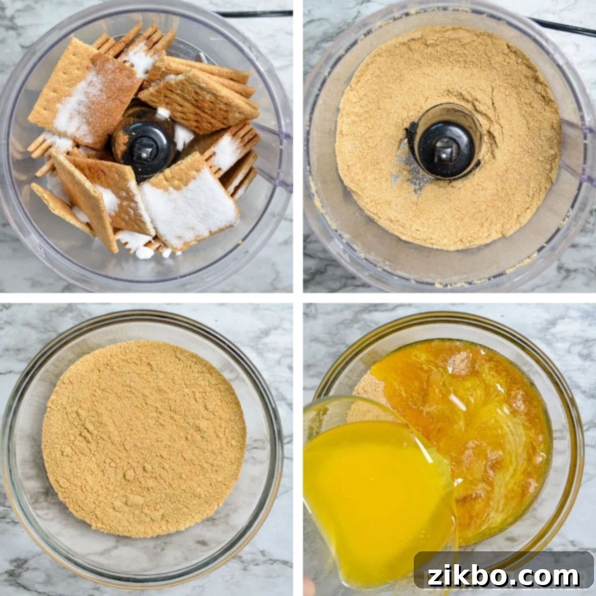 How to make a no bake graham cracker crust, showing crushed graham crackers with butter and sugar.