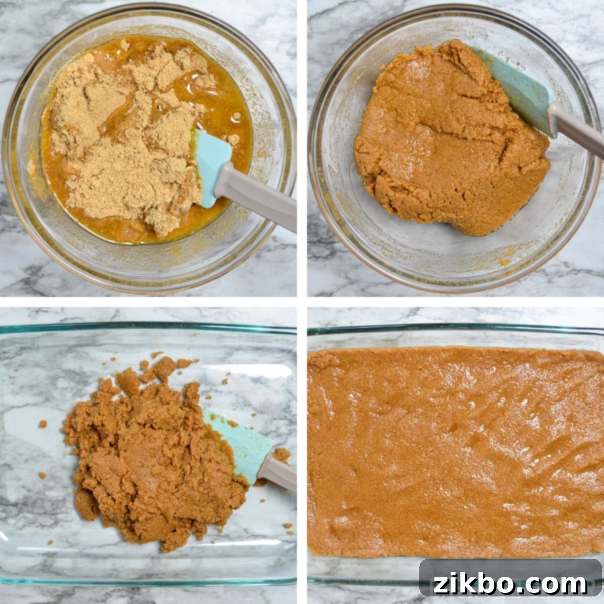 How to make a no bake graham cracker crust, showing the crust pressed into a baking dish.