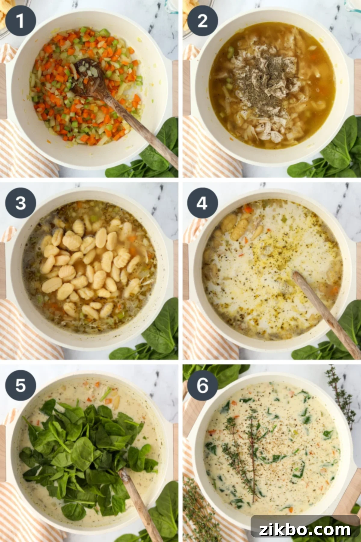 Making creamy turkey gnocchi soup by softening vegetables, adding broth, cream, and spinach.