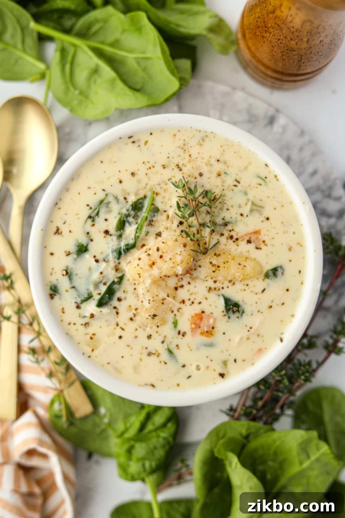 A bowl of creamy turkey gnocchi soup garnished with black pepper and fresh thyme, ready to eat.
