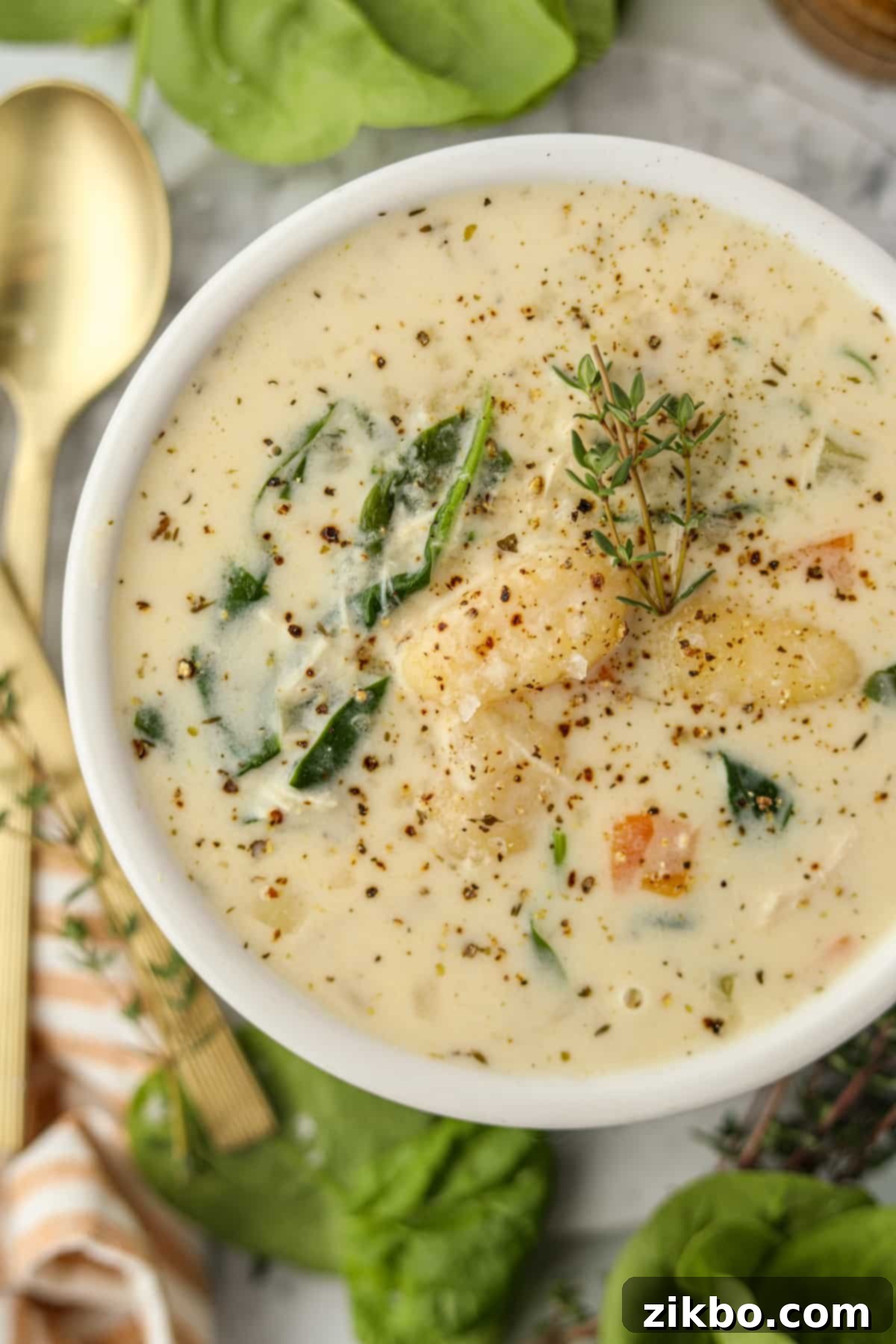 A beautiful bowl of creamy turkey gnocchi soup garnished with fresh thyme, ready to be enjoyed.