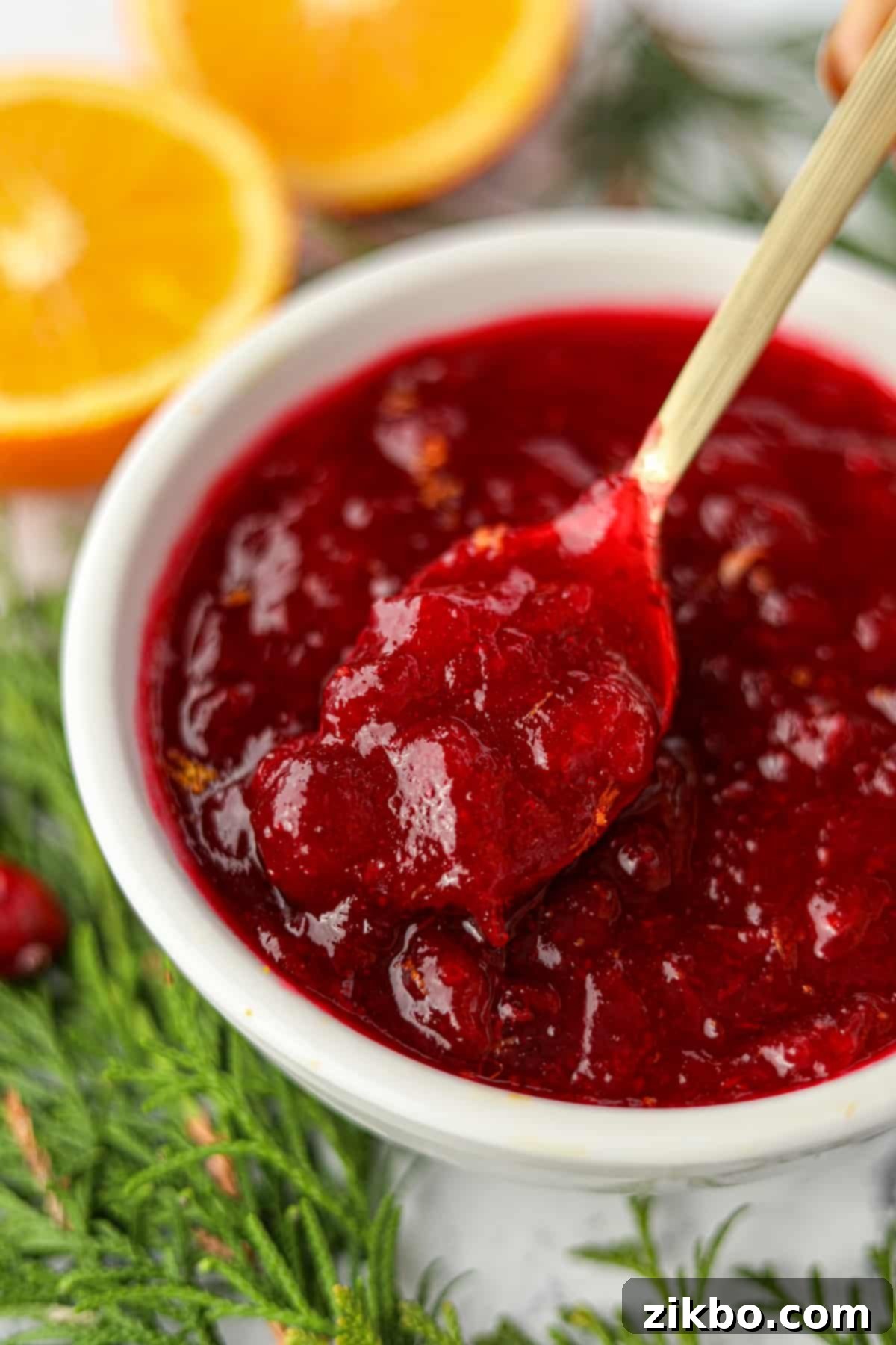 Cranberry Sauce From Scratch 7 A gold spoon stirring a small bowl of cranberry sauce.