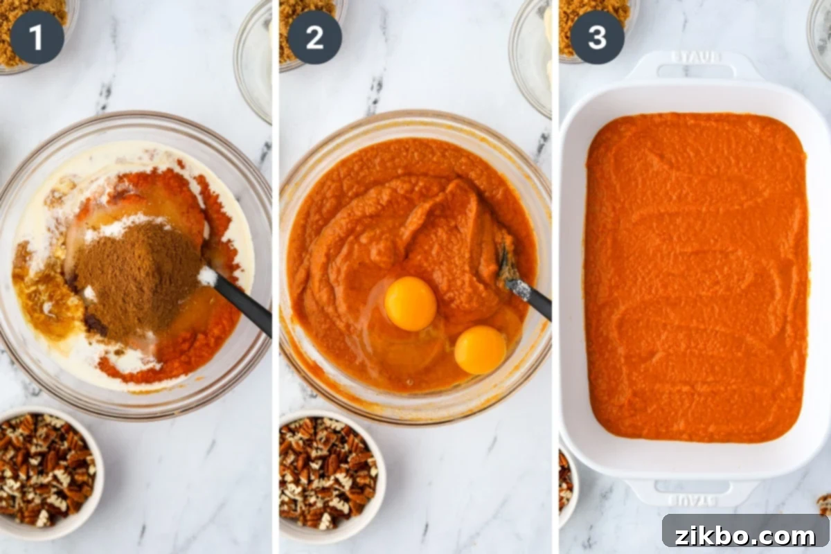 Mixing pumpkin puree with other ingredients in a bowl, then smoothing the mixture into a glass baking dish.