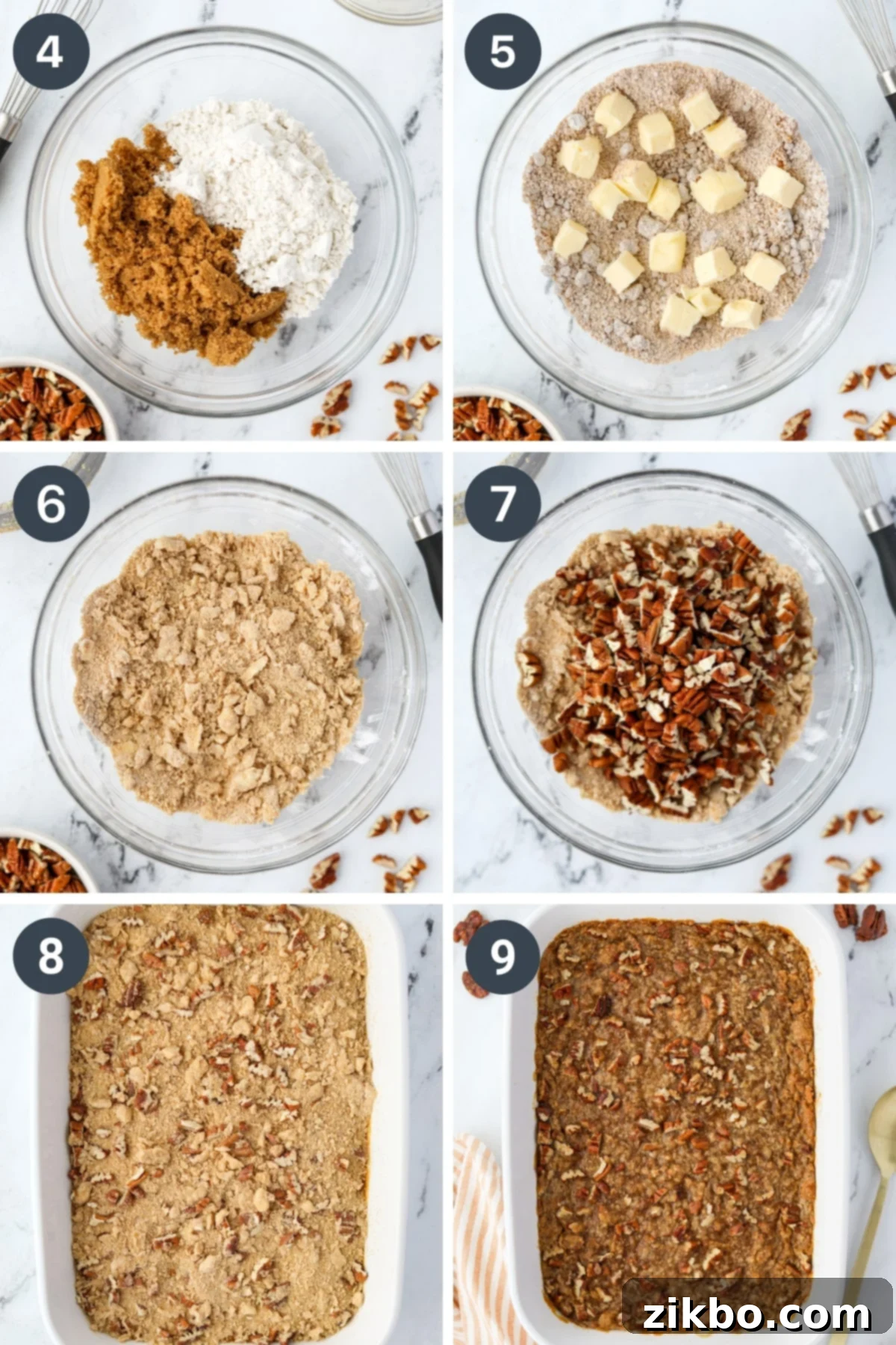 Blending together flour, brown sugar, butter, and chopped pecans, then sprinkling the mixture generously over the sweet pumpkin casserole base.