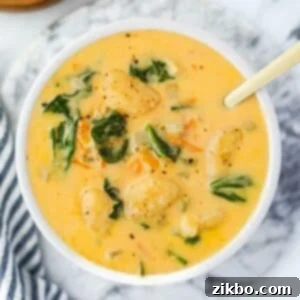 A bowl of creamy cheesy gnocchi soup with visible spinach, gnocchi, and carrots.