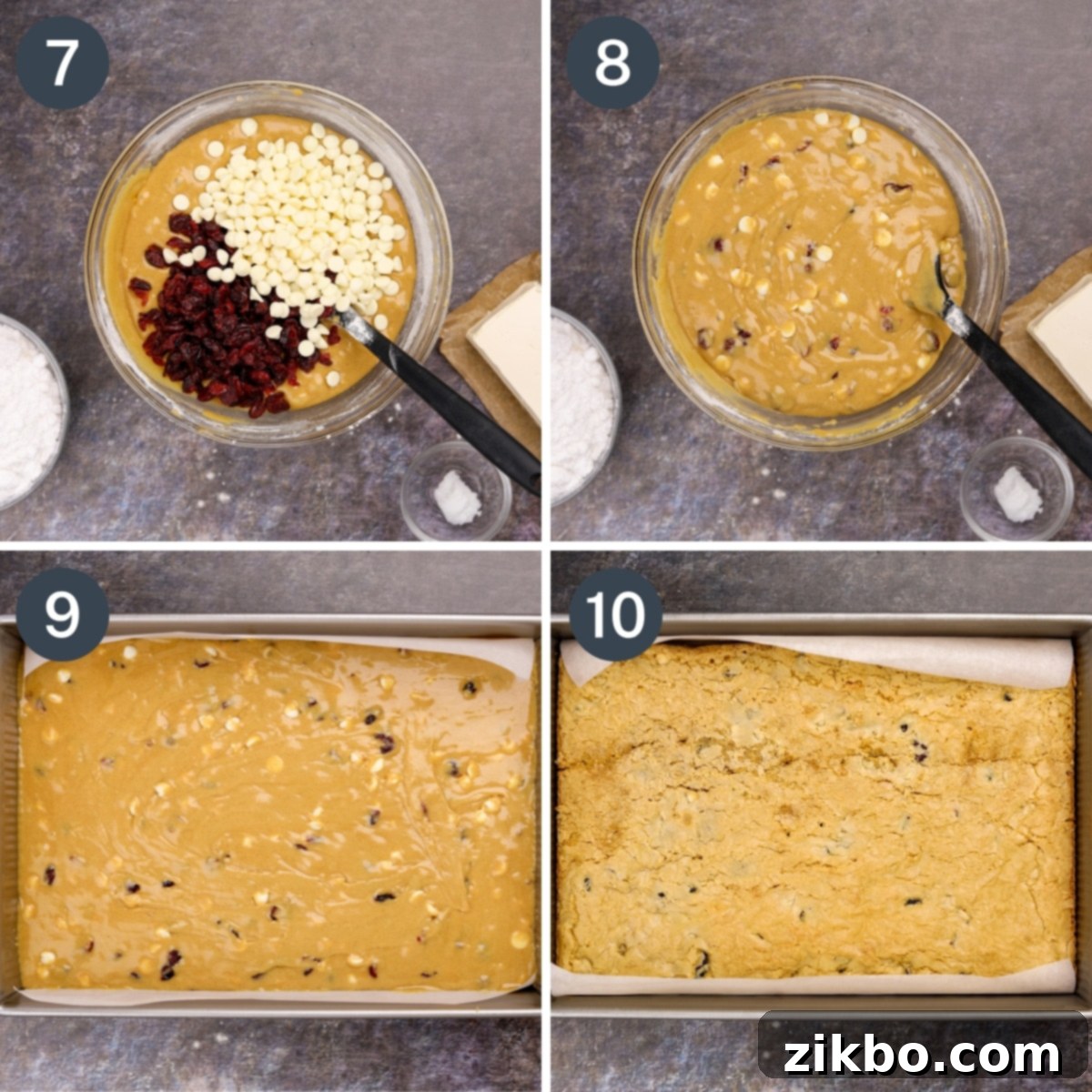 Heavenly Cranberry Bars 5 Adding dried cranberries and white chocolate to a batter, then spreading in a baking pan and baking until golden.