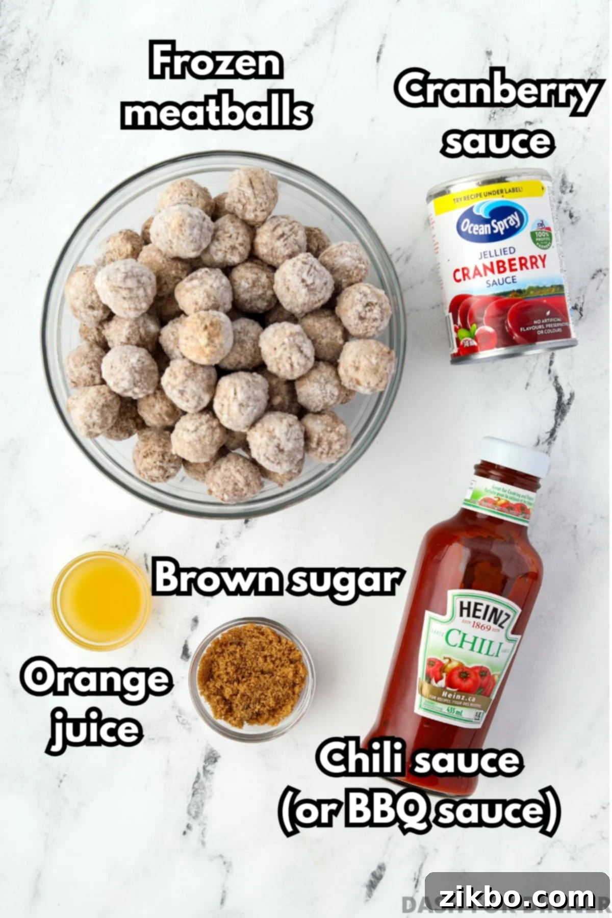The five essential ingredients for cranberry meatballs: frozen meatballs, chili sauce, jellied cranberry sauce, brown sugar, and orange juice.