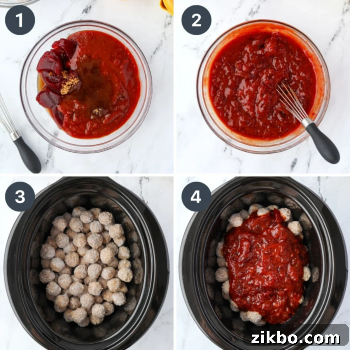 Whisking together cranberry sauce and chili sauce in a bowl, then pouring the mixture over frozen meatballs in a slow cooker.
