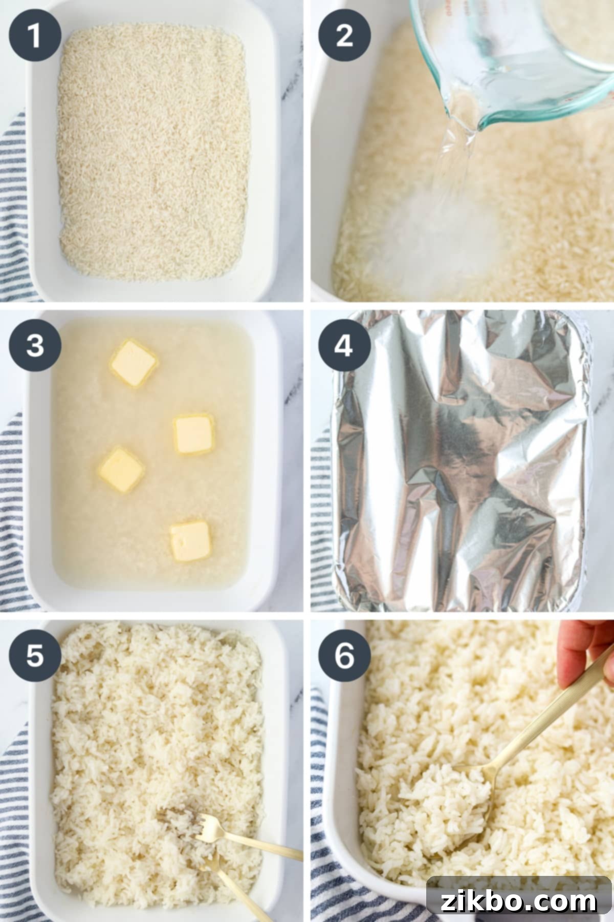 Golden Baked Rice 4 Step-by-step image showing how to add uncooked rice to a baking dish, followed by boiling water, butter, and salt, before covering for baking.