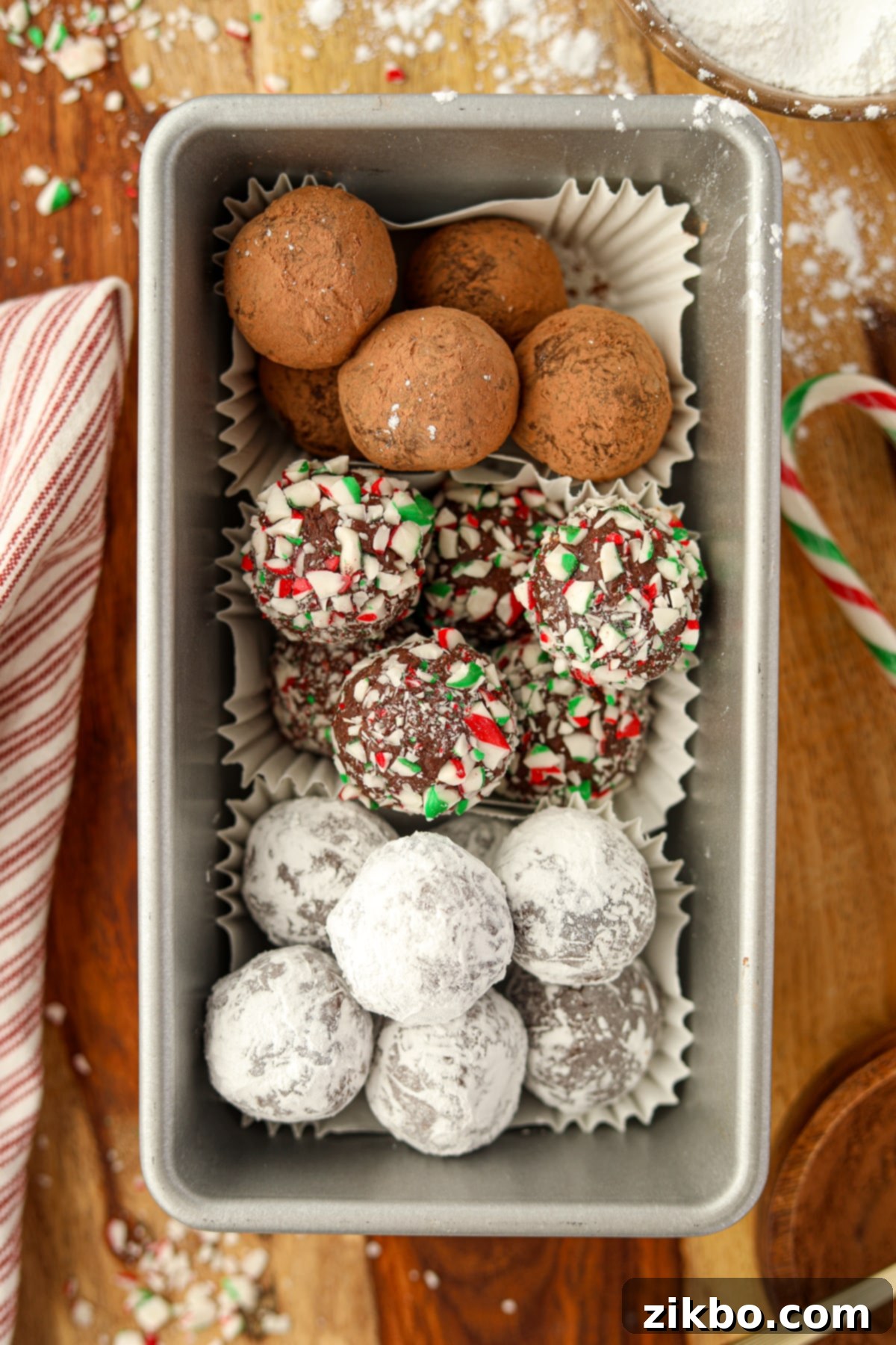 Truffles with three different coatings in a bread loaf pan.