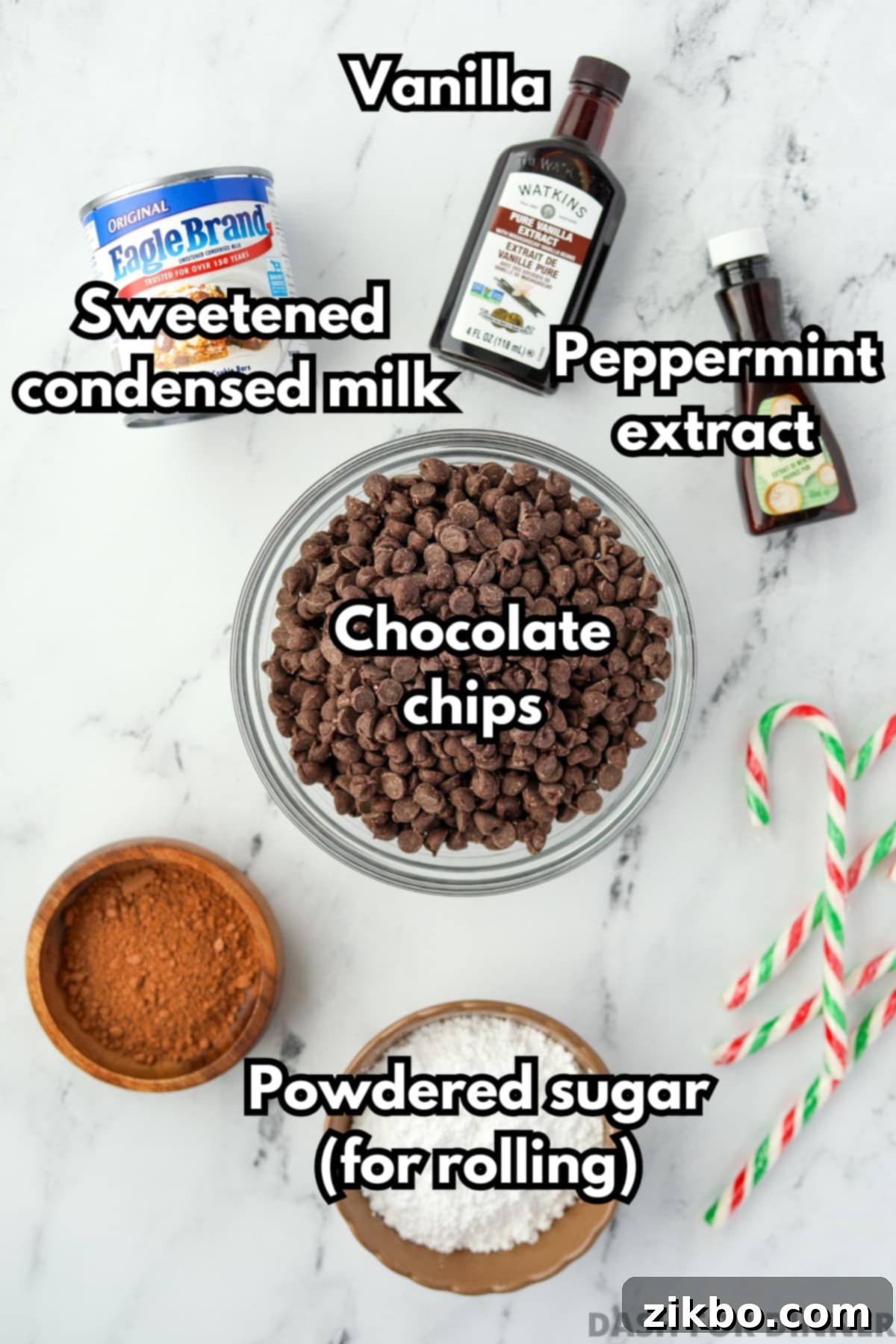 The ingredients needed to make peppermint truffles, including chocolate chips, sweetened condensed milk, and peppermint extract.