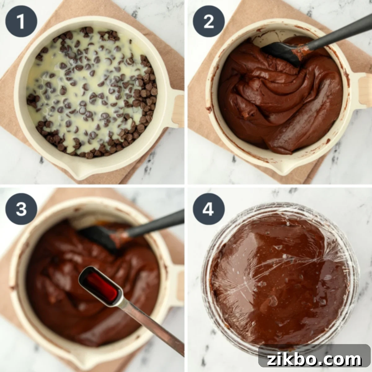 Melting chocolate chips with sweetened condensed milk in a saucepan.