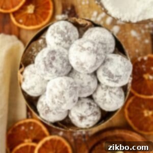 A bowl of rich chocolate truffles, beautifully coated in powdered sugar and garnished with dried orange slices, presented on a white surface.