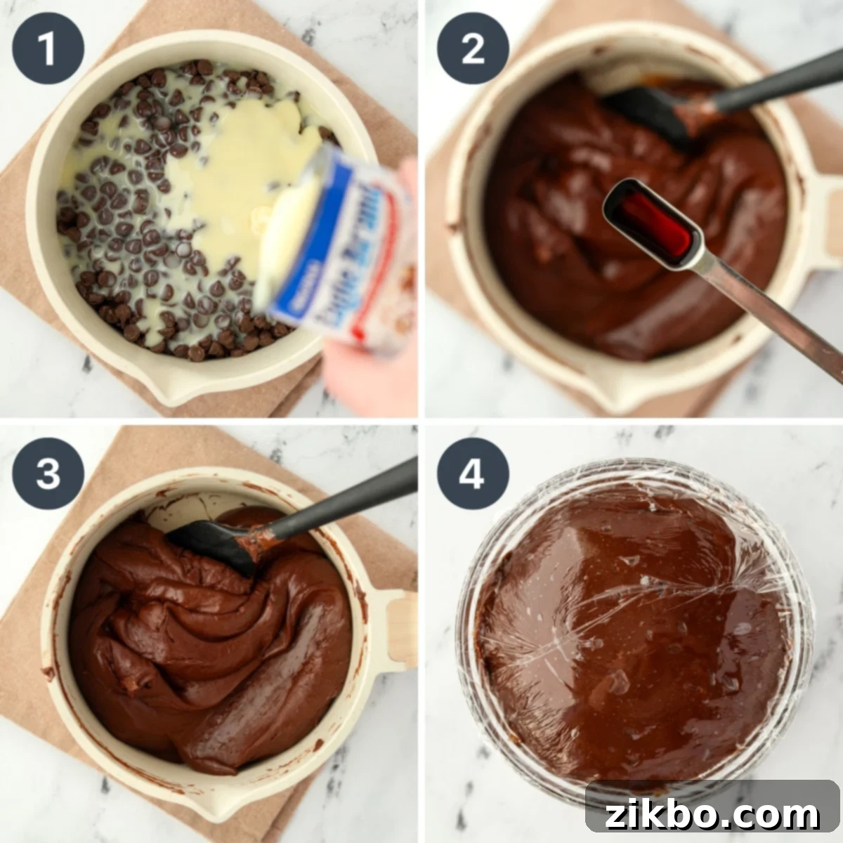 Melting chocolate chips and sweetened condensed milk together in a saucepan over low heat, stirring constantly to create a smooth mixture.