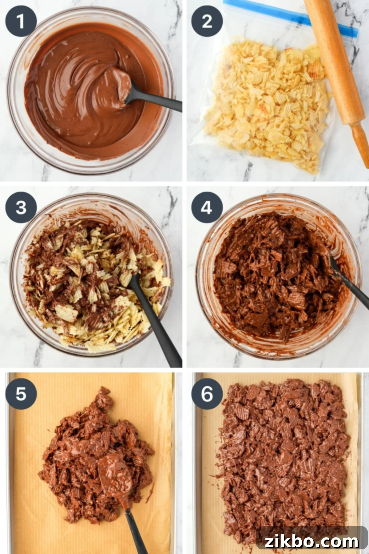 Melting chocolate and adding crushed potato chips to form a bark, showing the step-by-step process.