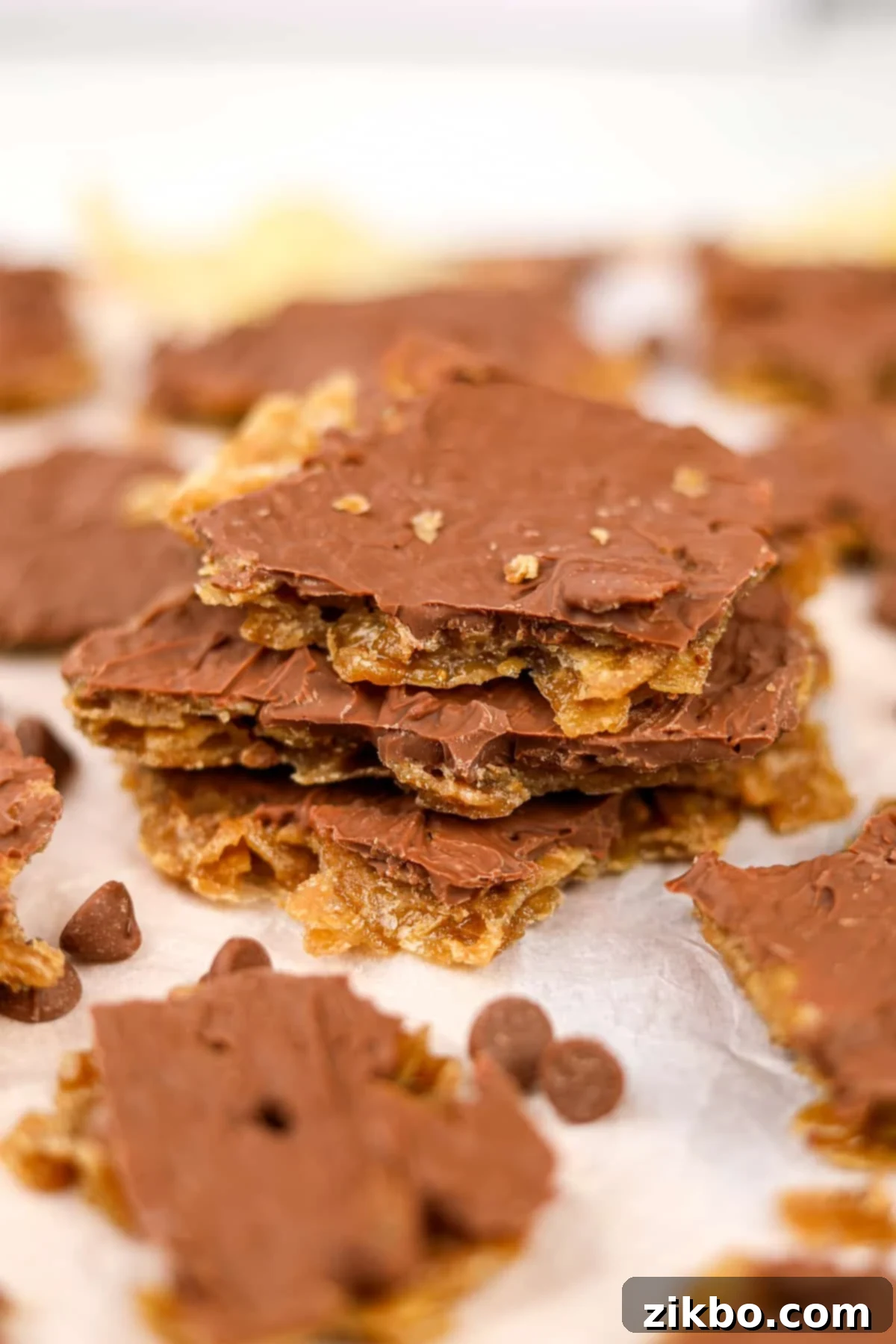 A stack of golden brown toffee pieces layered with chocolate and potato chips, resting on a clean white background.