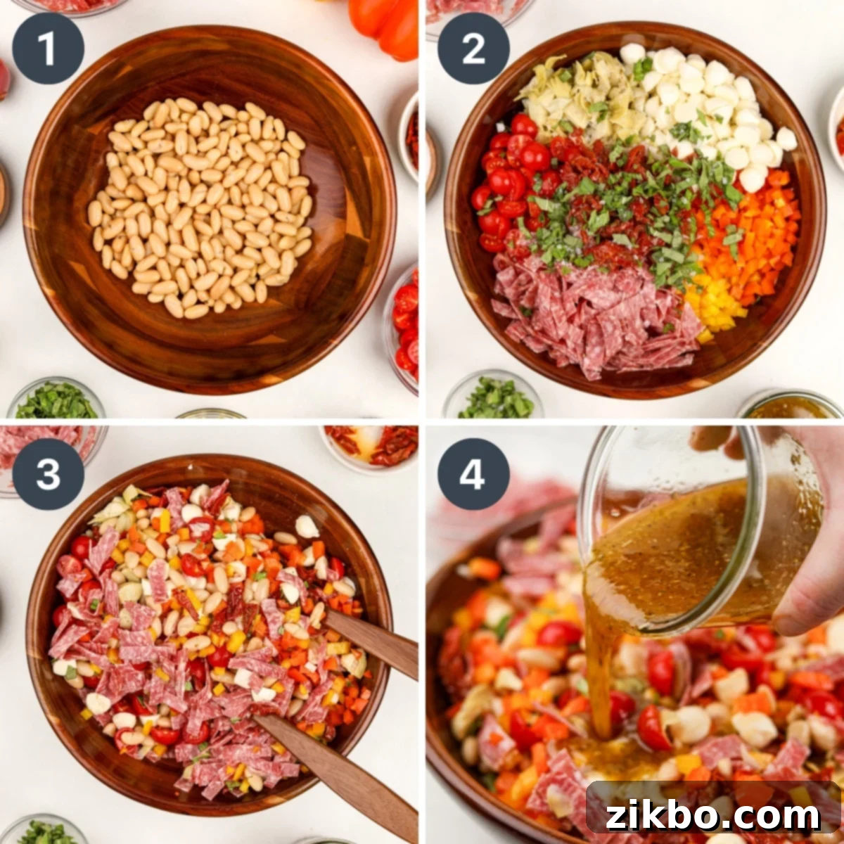 Classic Italian Bean Salad 4 Making a salad by adding various toppings to a bowl of beans, then tossing them to combine.