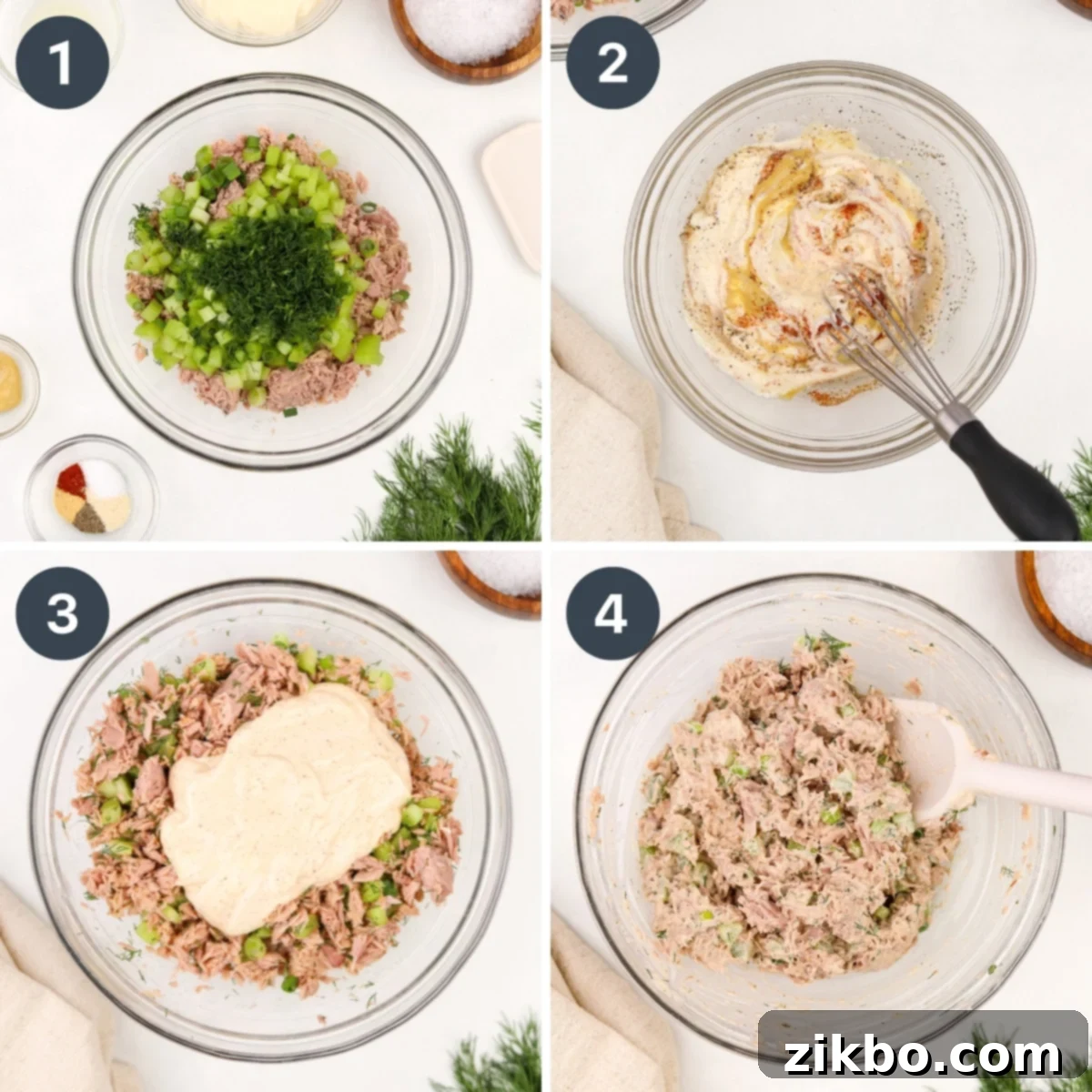Bright Dill Tuna Salad 4 Adding a creamy mayonnaise-based dressing to a bowl of flaked tuna, finely minced celery, and chopped green onions.
